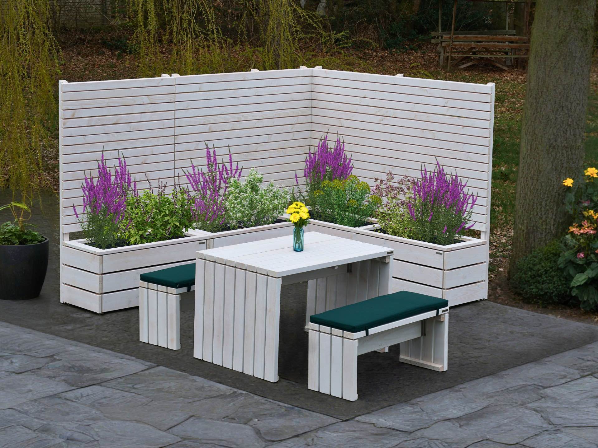 Gartenmöbel in Weiß und Grün für eine harmonische Terrassenecke Gartenmöbel-Set mit Tisch und zwei Bänken aus weiß geölter Douglasie mit grünen Polstern vor farblich passender Sichtschutzecke