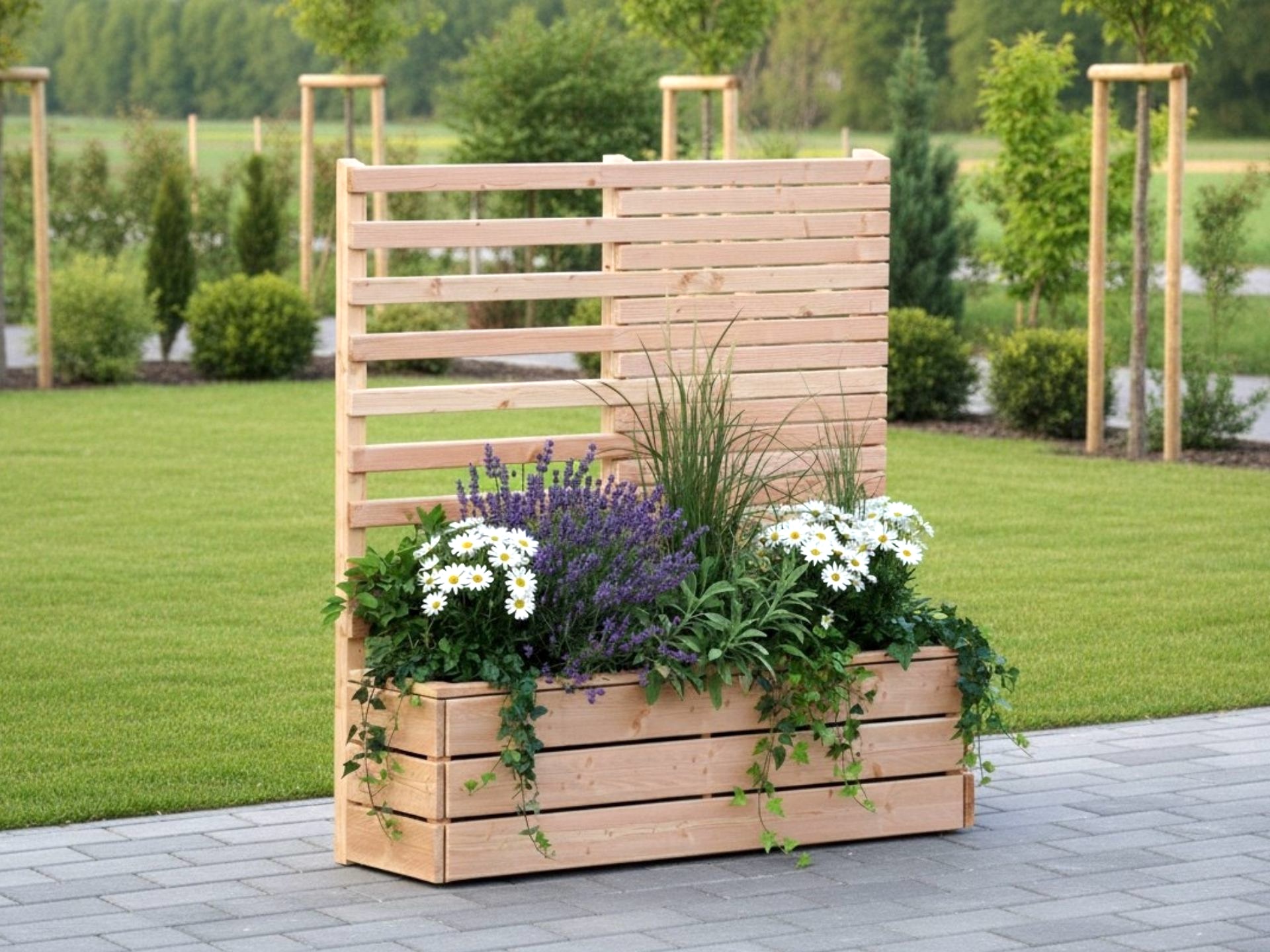 Pflanzkasten Classic mit kombiniertem Sichtschutz, halb Rankgitter und halb geschlossene Wand, ideal für Garten oder Terrasse.