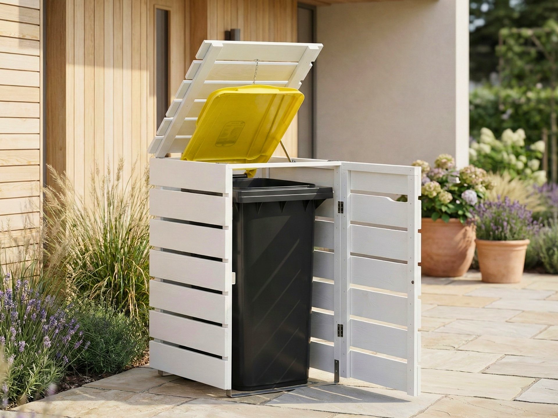 Weiße 1er Mülltonnenbox Classic für 240-Liter-Tonnen als dezente und ordentliche Lösung im Außenbereich.