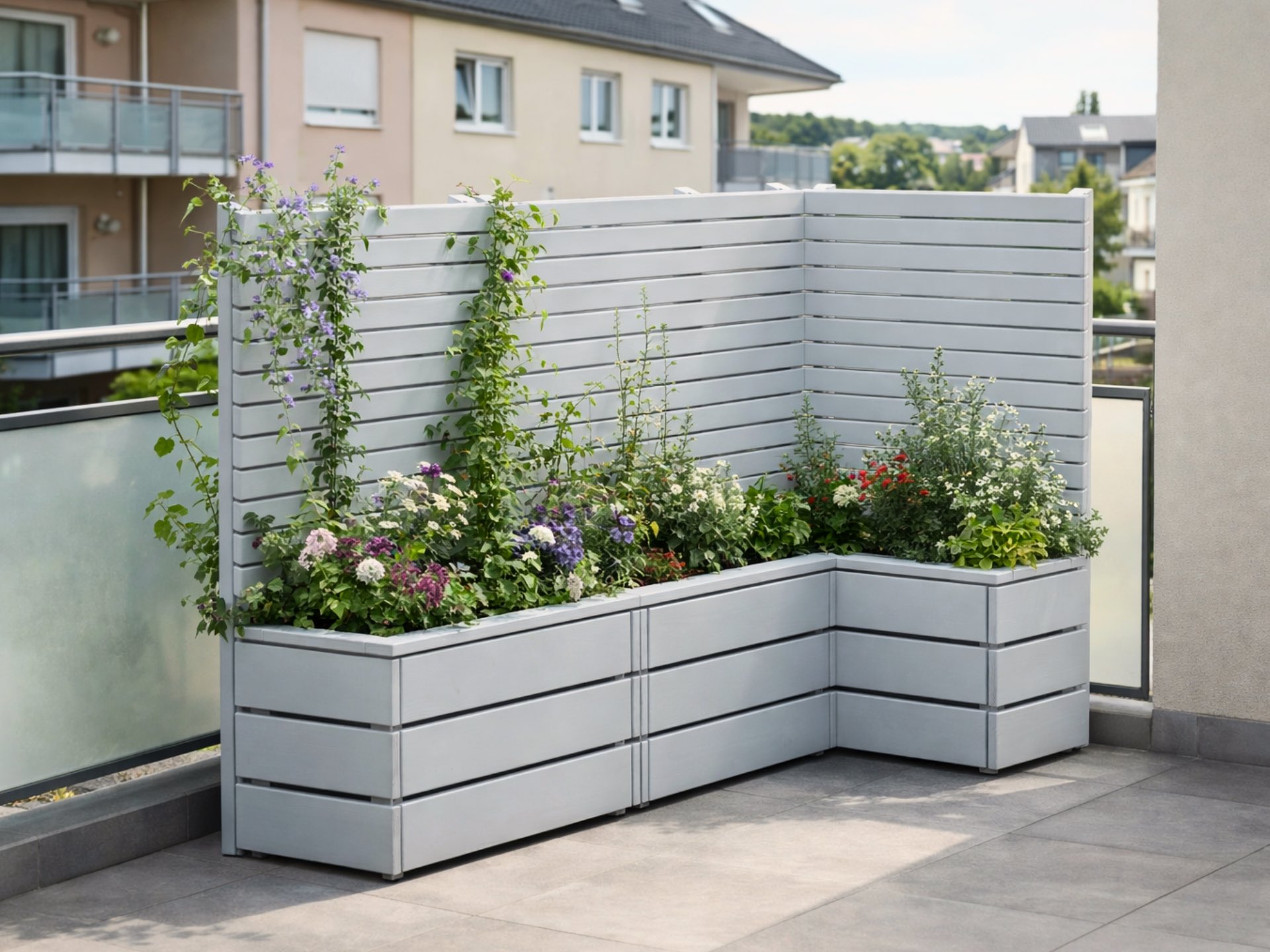 Dreiteilige Pflanzkasten-Ecke Classic in Lichtgrau mit Sichtschutz A10 und flexibel einsetzbarer Verlängerung.