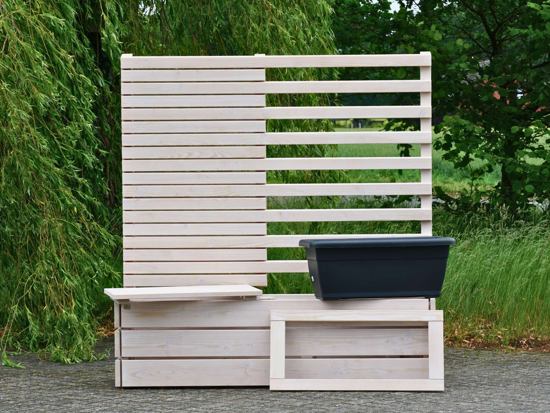 Pflanzkasten Classic 2M mit Sichtschutz A10/A90 in Weiß Geölt – herausnehmbarer Pflanzeinsatz, abnehmbarer Rahmen und Sitzbank – Gesamtansic