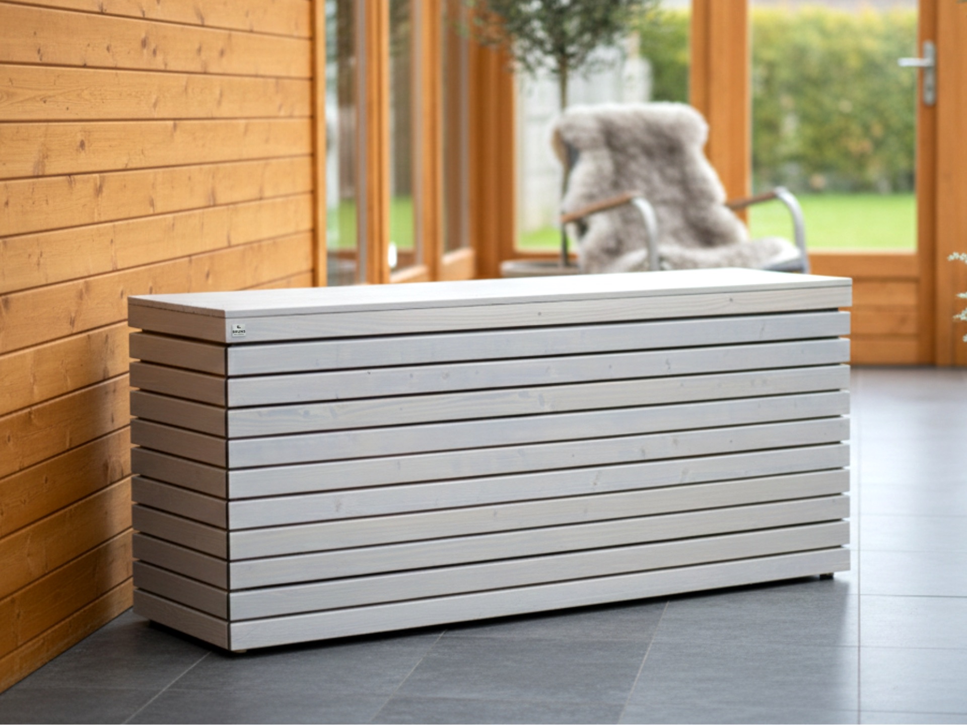 Große Rhombus-Aufbewahrungsbox 195×50×72 cm in Grau Geölt, wetterfeste Truhe für Kissen und Spielzeug.