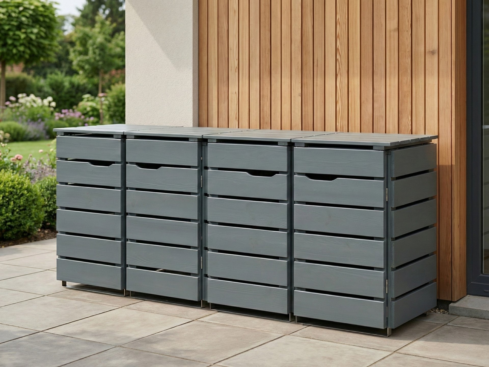 Platzsparende 4er Mülltonnenbox 120 L in Basaltgrau für kleine Mülltonnen, komplett montiert geliefert.