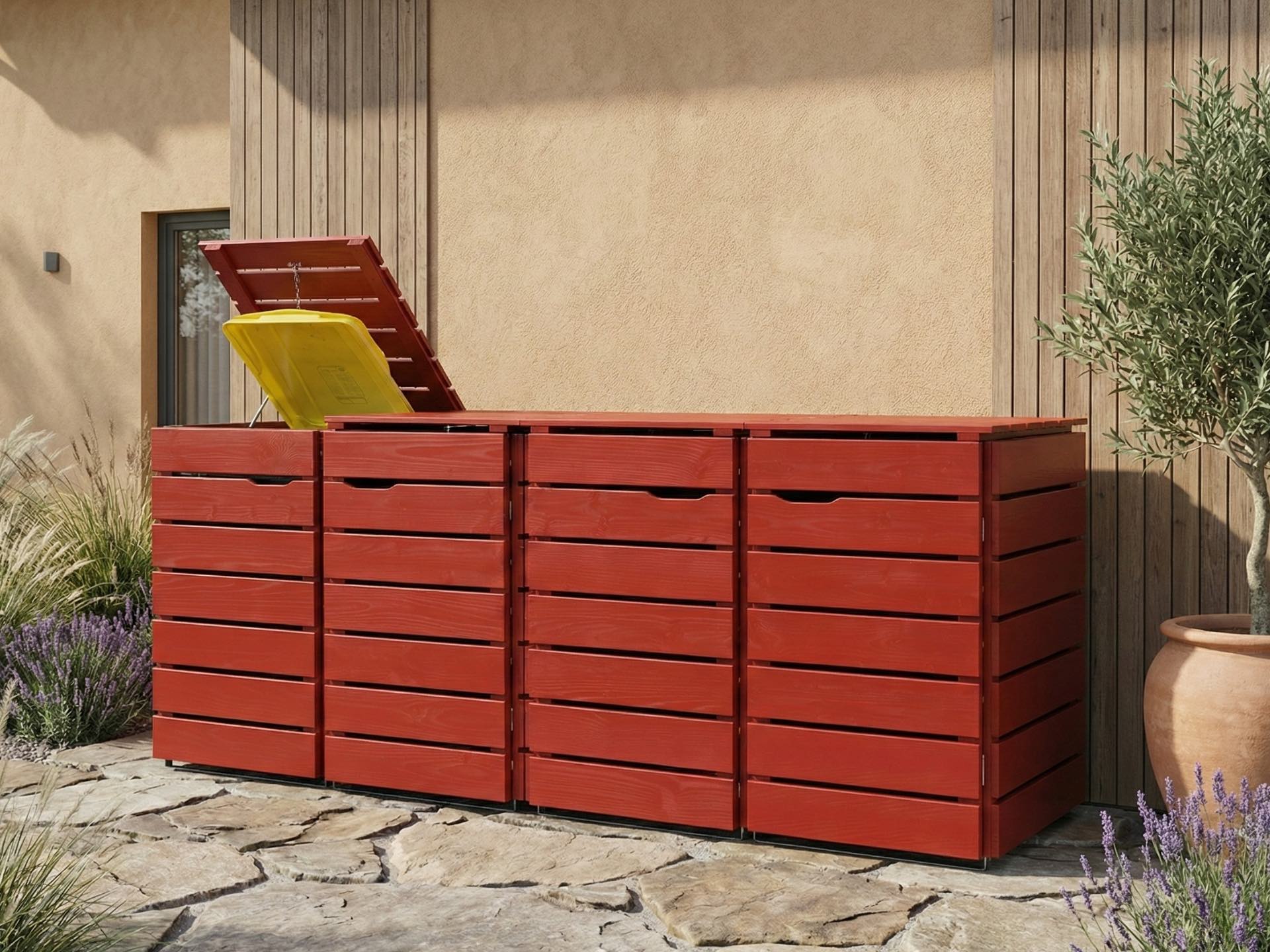 4er Mülltonnenbox Classic 240 L in Skandinavisch Rot zur ordentlichen und stilvollen Unterbringung großer Mülltonnen.