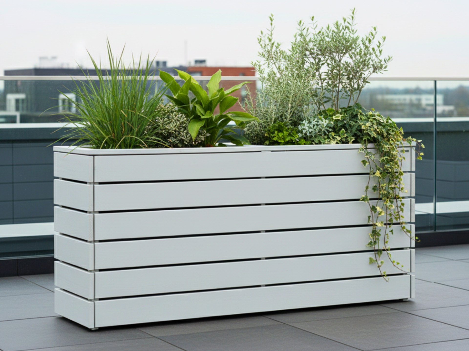 Pflanzkasten Classic 2L in Lichtgrau auf einer Dachterrasse, großformatige Begrünung für Struktur und Privatsphäre.
