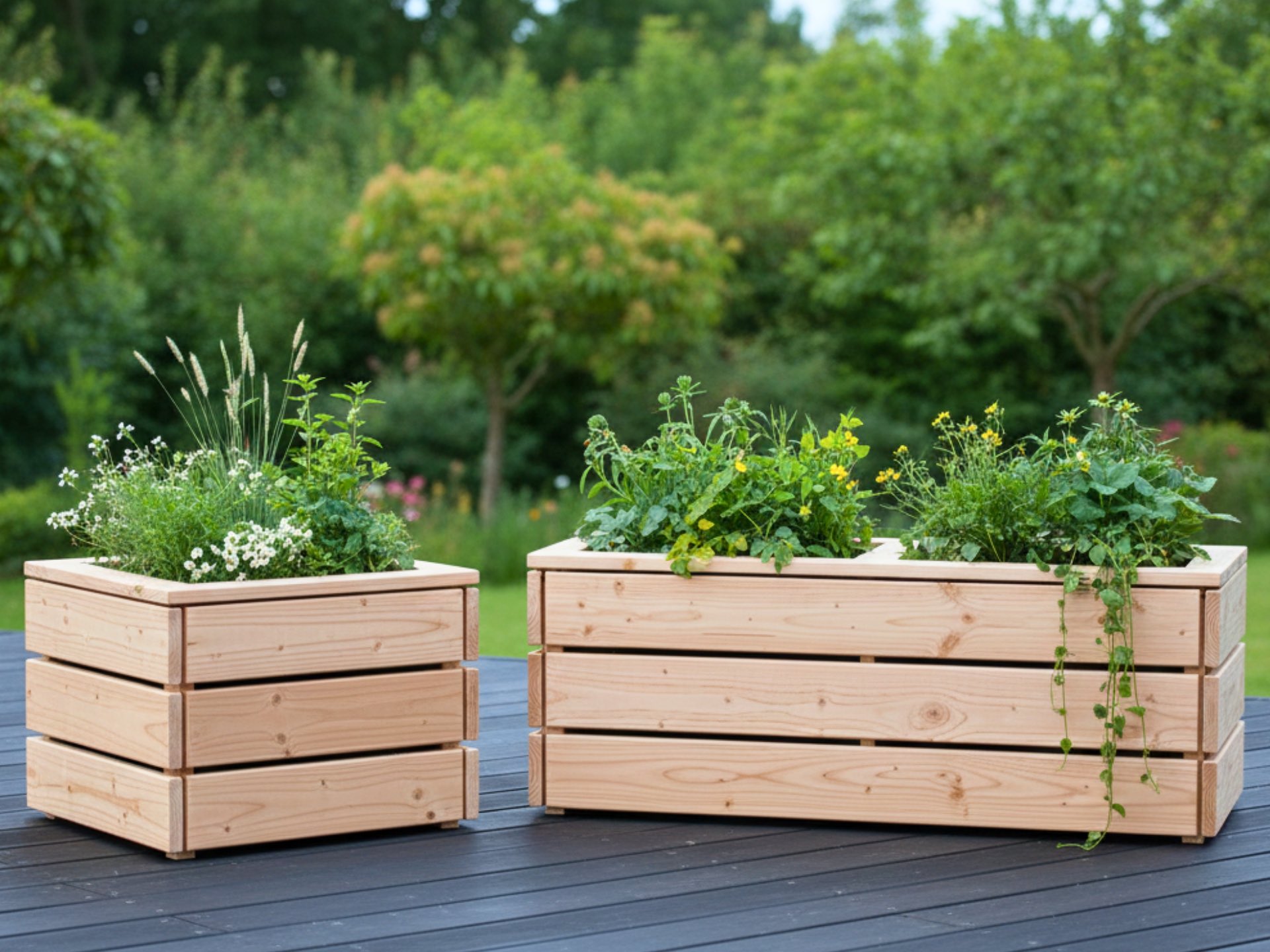 Pflanzkasten Classic 2S aus Douglasie kombiniert mit Pflanzkübel 50×50×51 cm, individuell nach Maß gefertigt.
