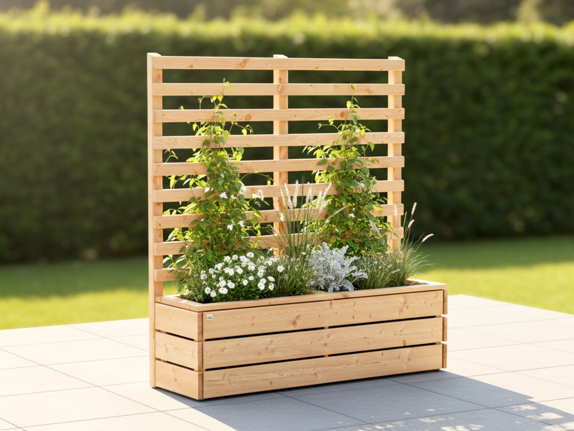 Pflanzkasten aus Douglasie mit hohem Rankgitter, ideal für natürliche Sichtschutzlösungen auf Dachterrassen.