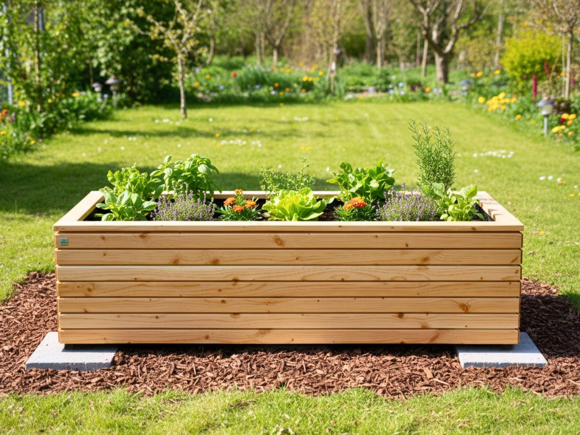 Gesamtansicht des Hochbeets Rhombus, Größe 200 × 80 × 57 cm – modernes Design aus Douglasienholz mit Rhombusleisten