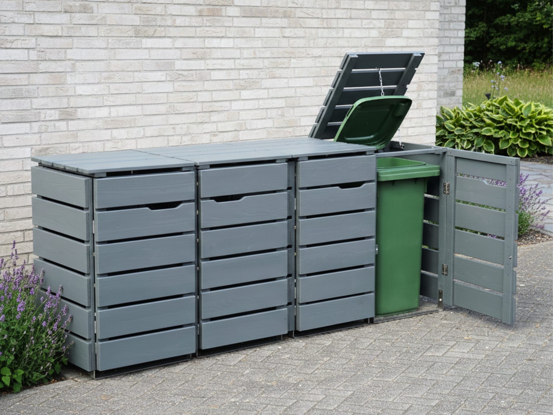 4er Mülltonnenbox 120 L in Basaltgrau für kleine Mülltonnen, komplett montiert und ideal für einen ordentlichen Außenbereich.