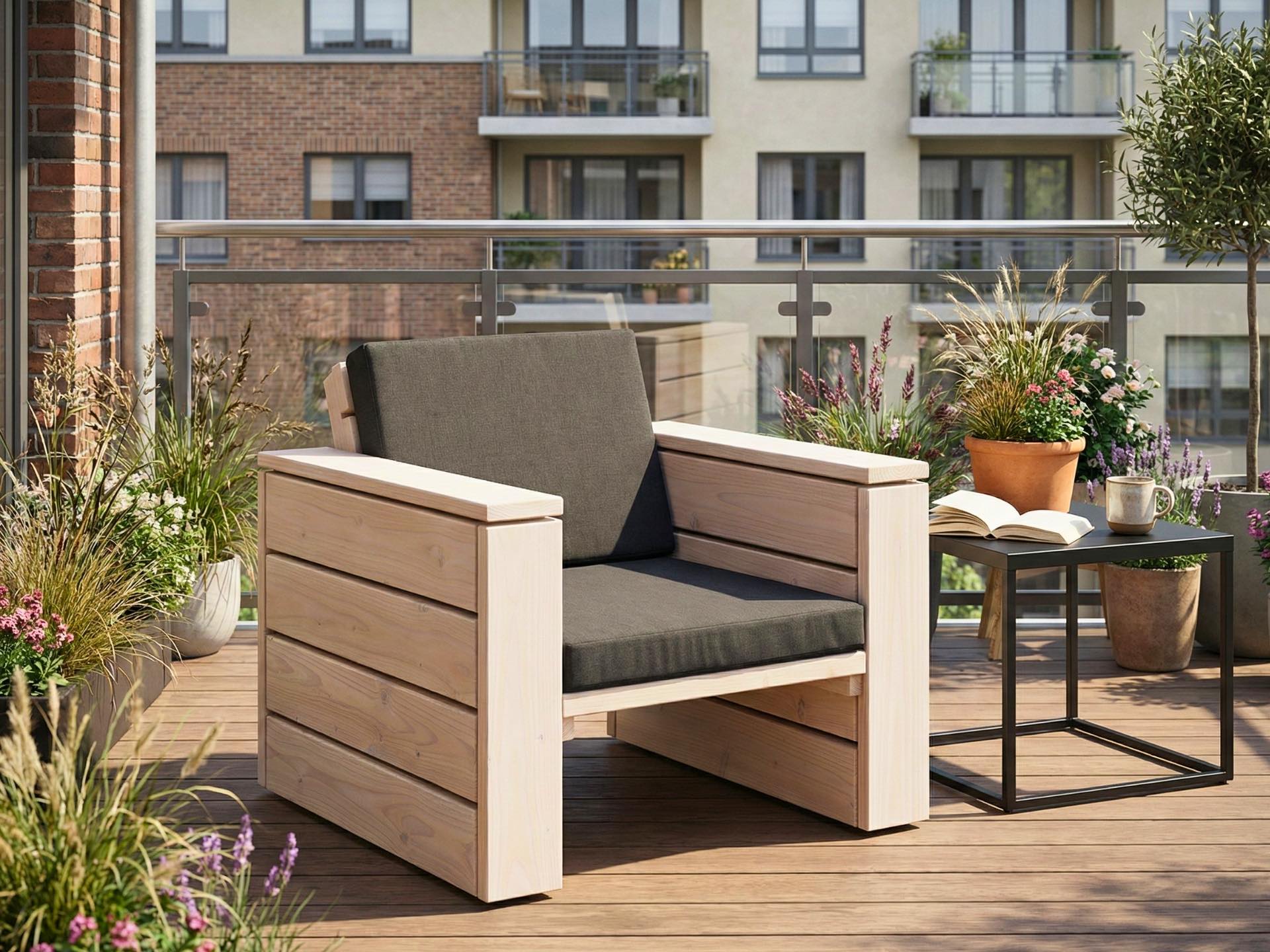 Lounge Sofa aus Holz in Weiß Geölt mit anthrazitfarbenen Polstern auf gemütlichem Balkon.