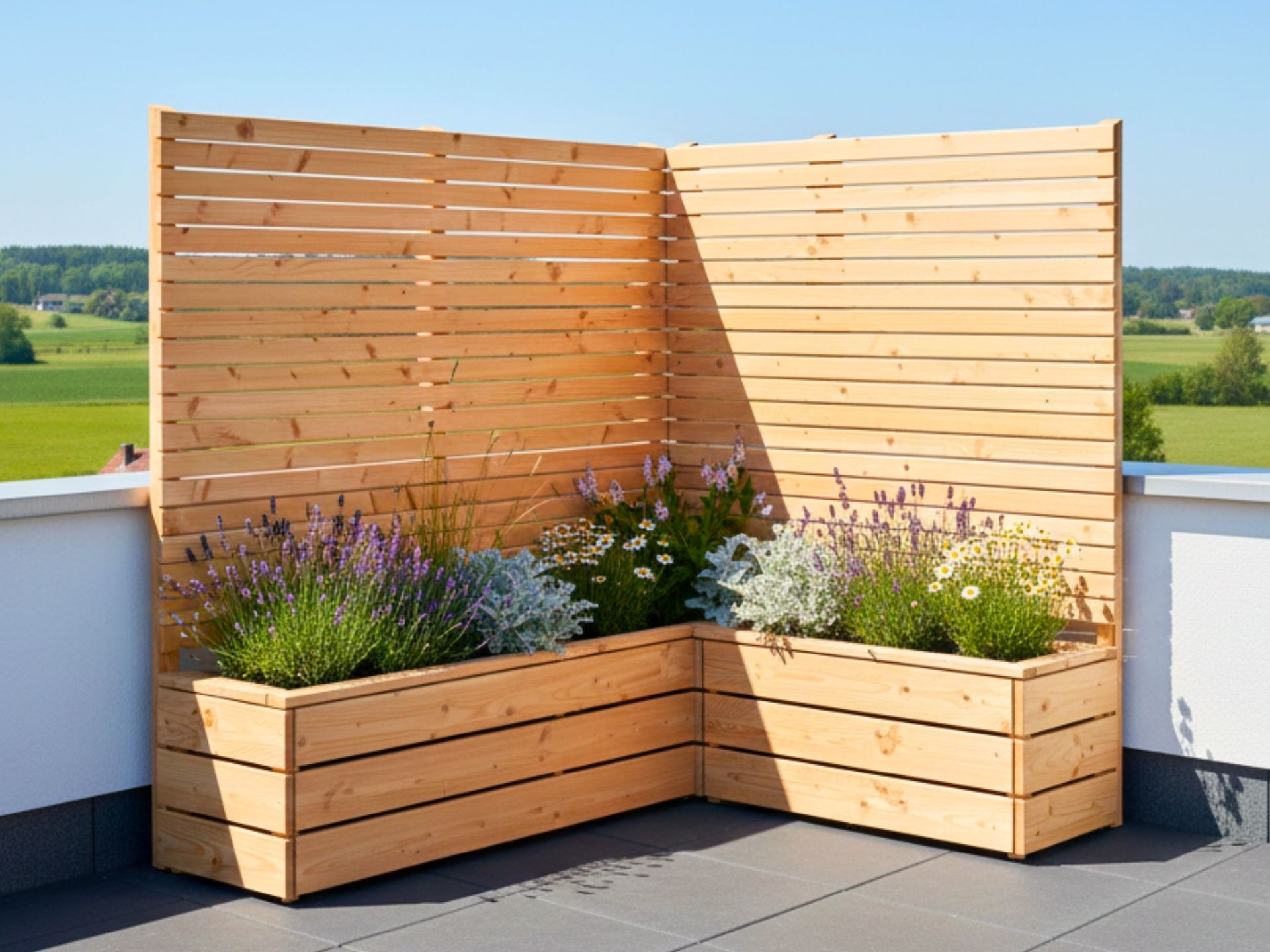 Pflanzkasten-Ecke L mit Sichtschutz aus wetterfester Douglasie, ideal als natürlicher Sichtschutz für Balkon oder Dachterrasse.