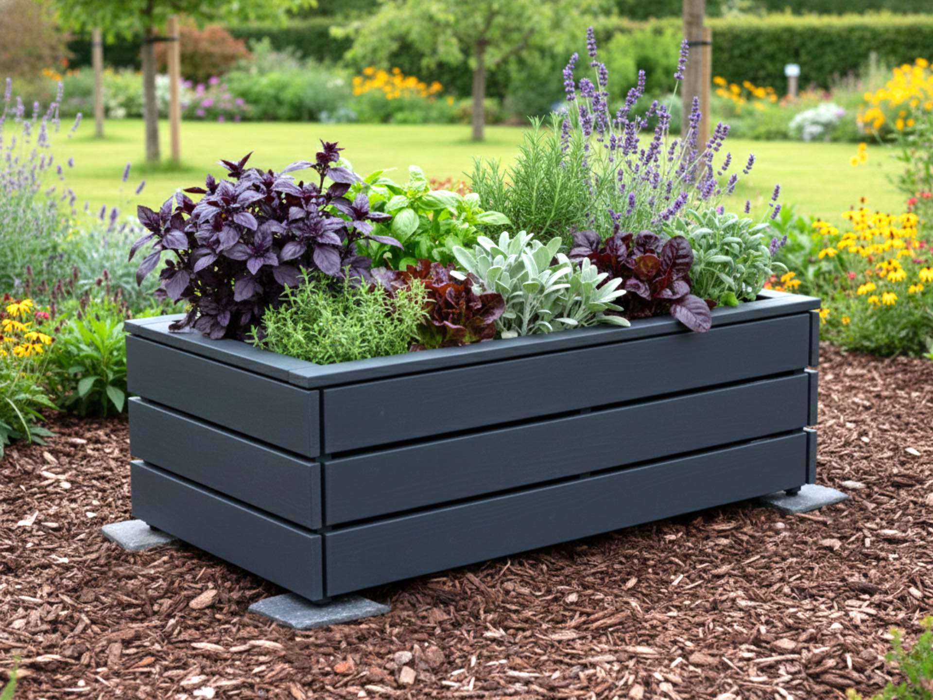 Anthrazitfarbenes Hochbeet Classic 150×85×51 cm, ideal für Sommerblumen, Kräuter und Gemüse, inklusive Pflanzfolie.