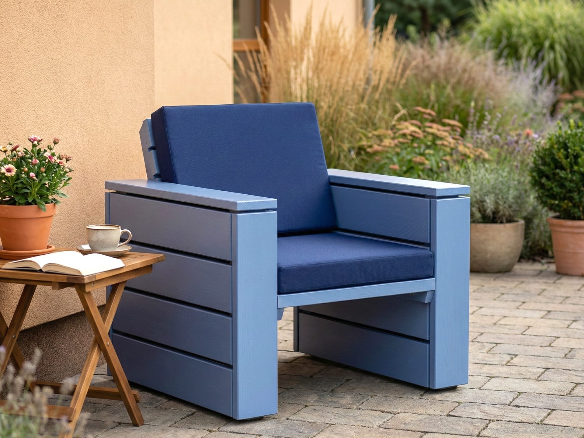 Lounge Sessel 60 in Taubenblau mit dunkelblauem Polster für Terrasse oder Balkon.