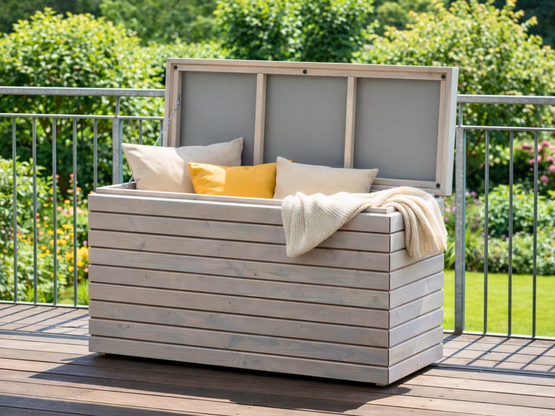 Wetterfeste Gartenbox Rhombus 135 in Grau Geölt 135×50×73 cm als Stauraumlösung für Terrasse oder Garten.