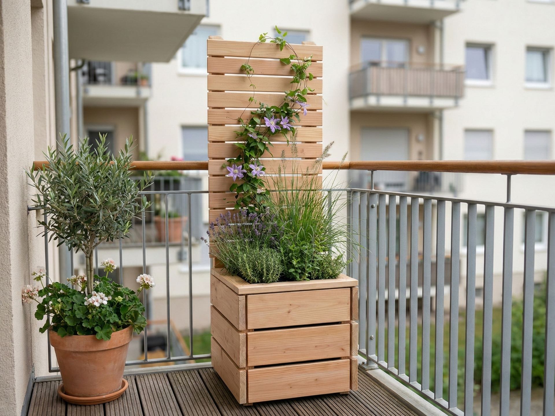 Kübel Classic XS aus Douglasie mit Sichtschutz A10, kompakt in Reihe aufgestellt als Sichtschutz für kleine Balkone.