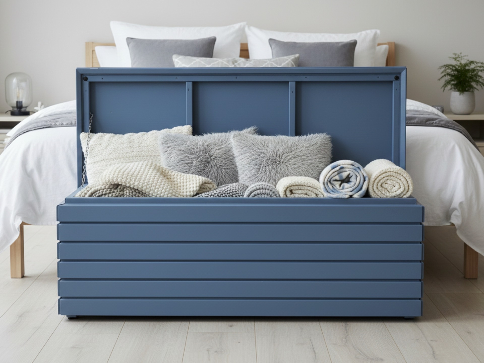 Truhe Rhombus 135 in Taubenblau, vielseitige Aufbewahrung und Sitzgelegenheit für Wohnraum oder überdachten Außenbereich.