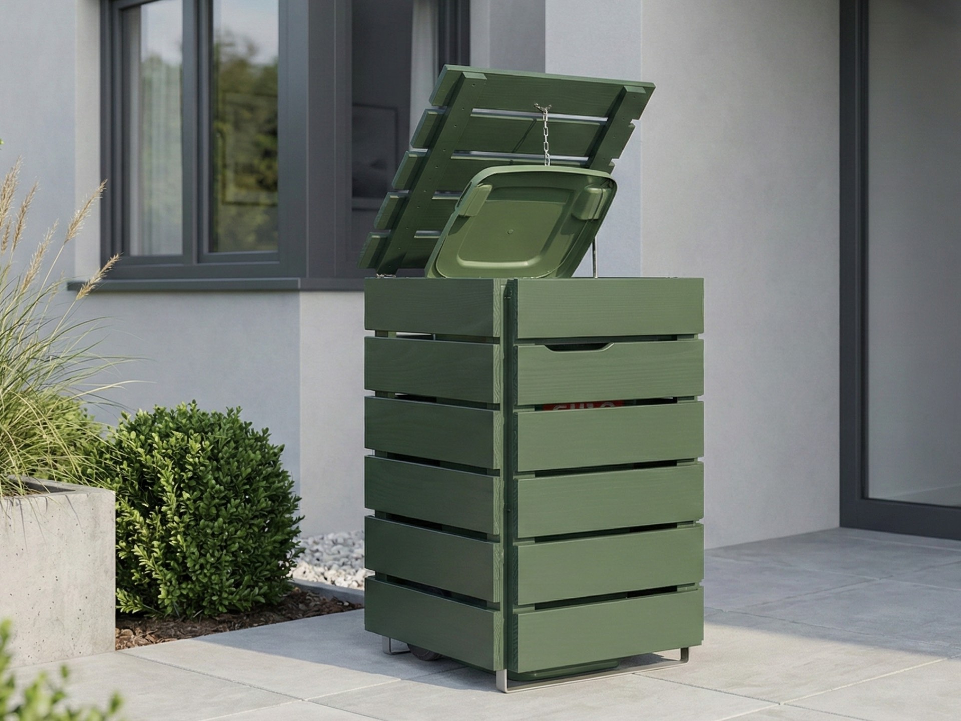 1er Mülltonnenbox 120 L in Moosgrün aus naturnaher Farbgebung für eine harmonische Gestaltung im Außenbereich.