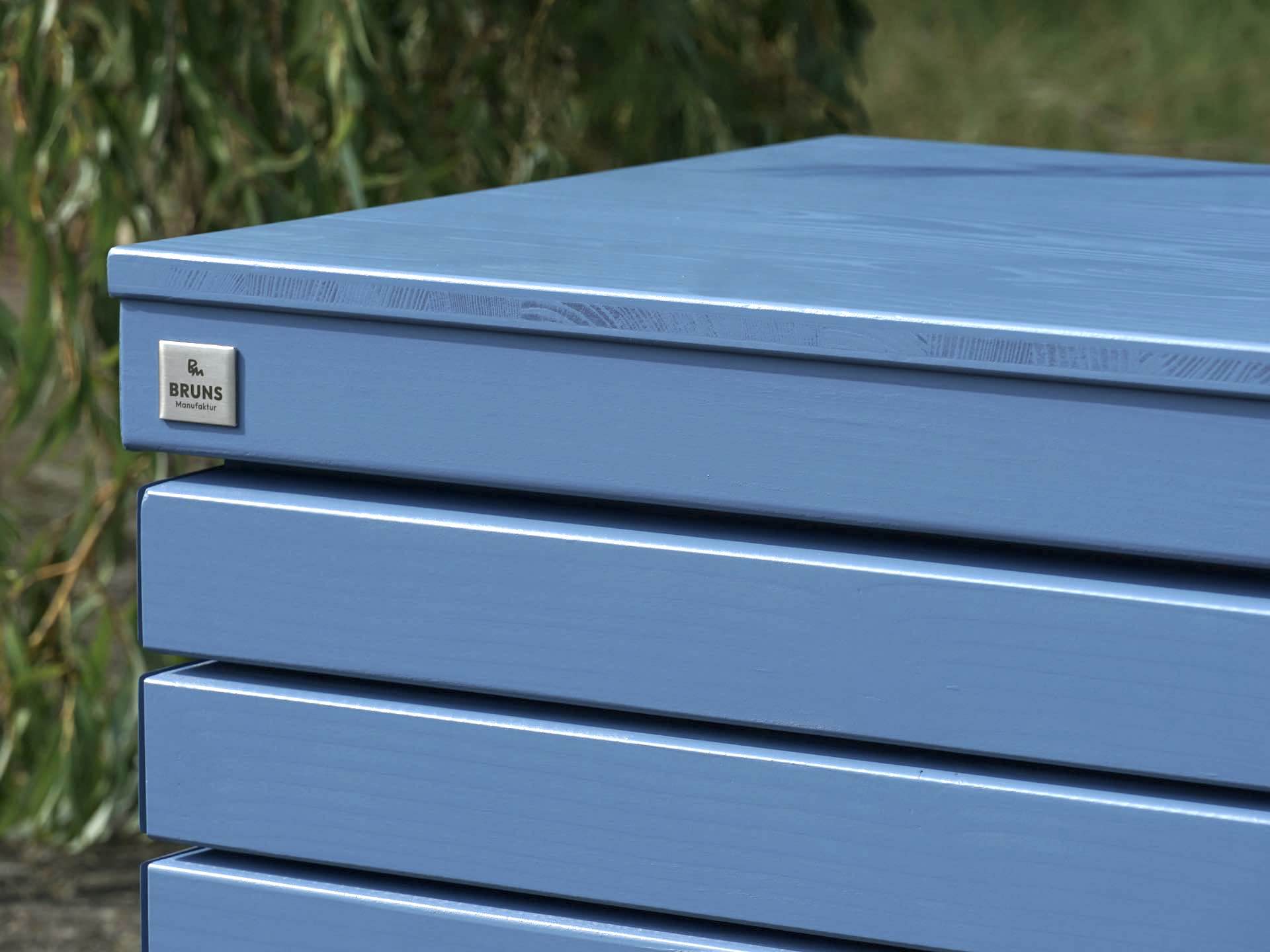 Gartenbox Rhombus in Taubenblau – Detailansicht links oben mit Fugenbild und Massivholz-Deckel in gleicher Farbe	