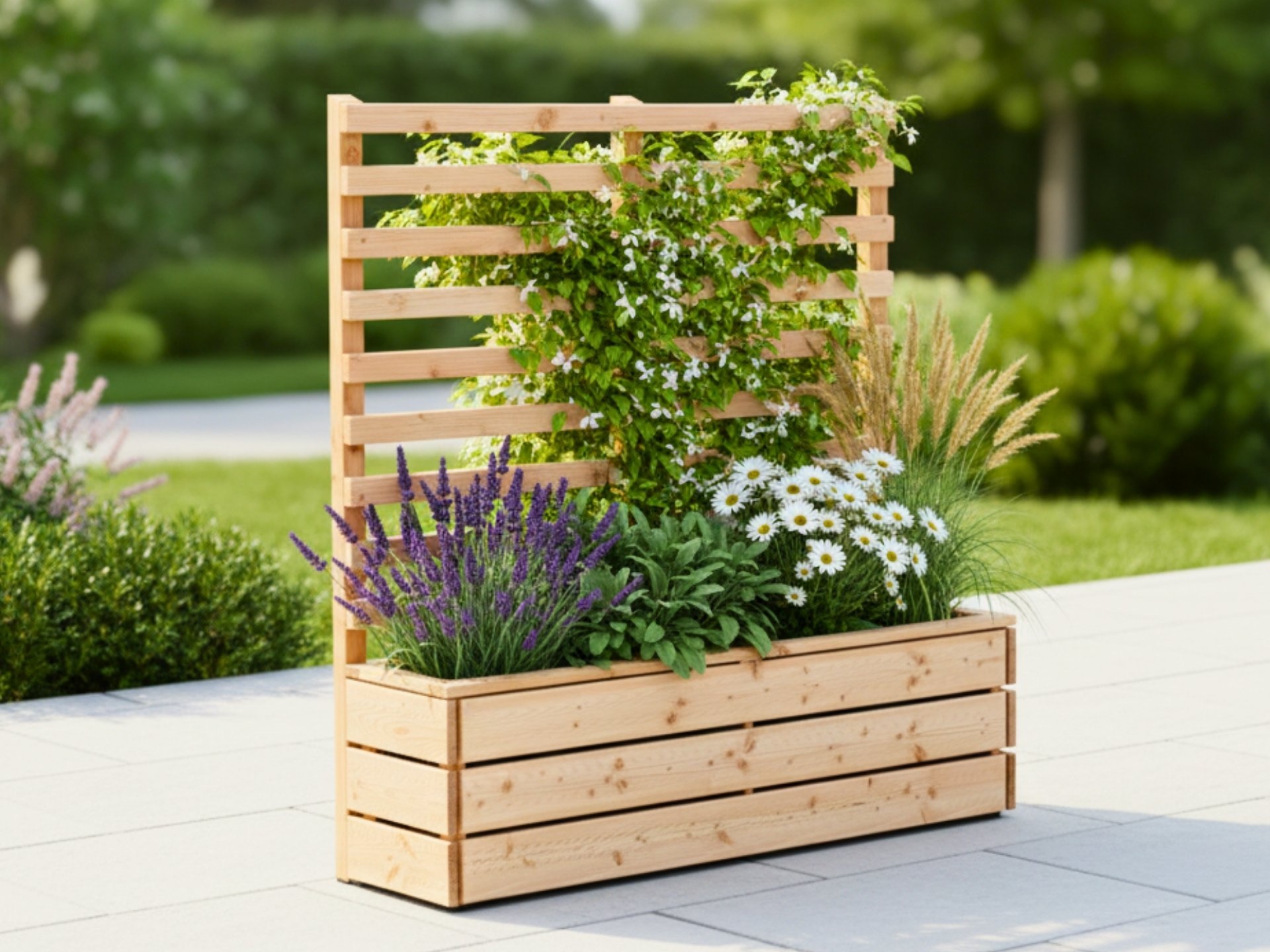 Pflanzkasten Classic mit Rankgitter A90 in Douglasie Natur – seitliche Aufnahme von vorn links	