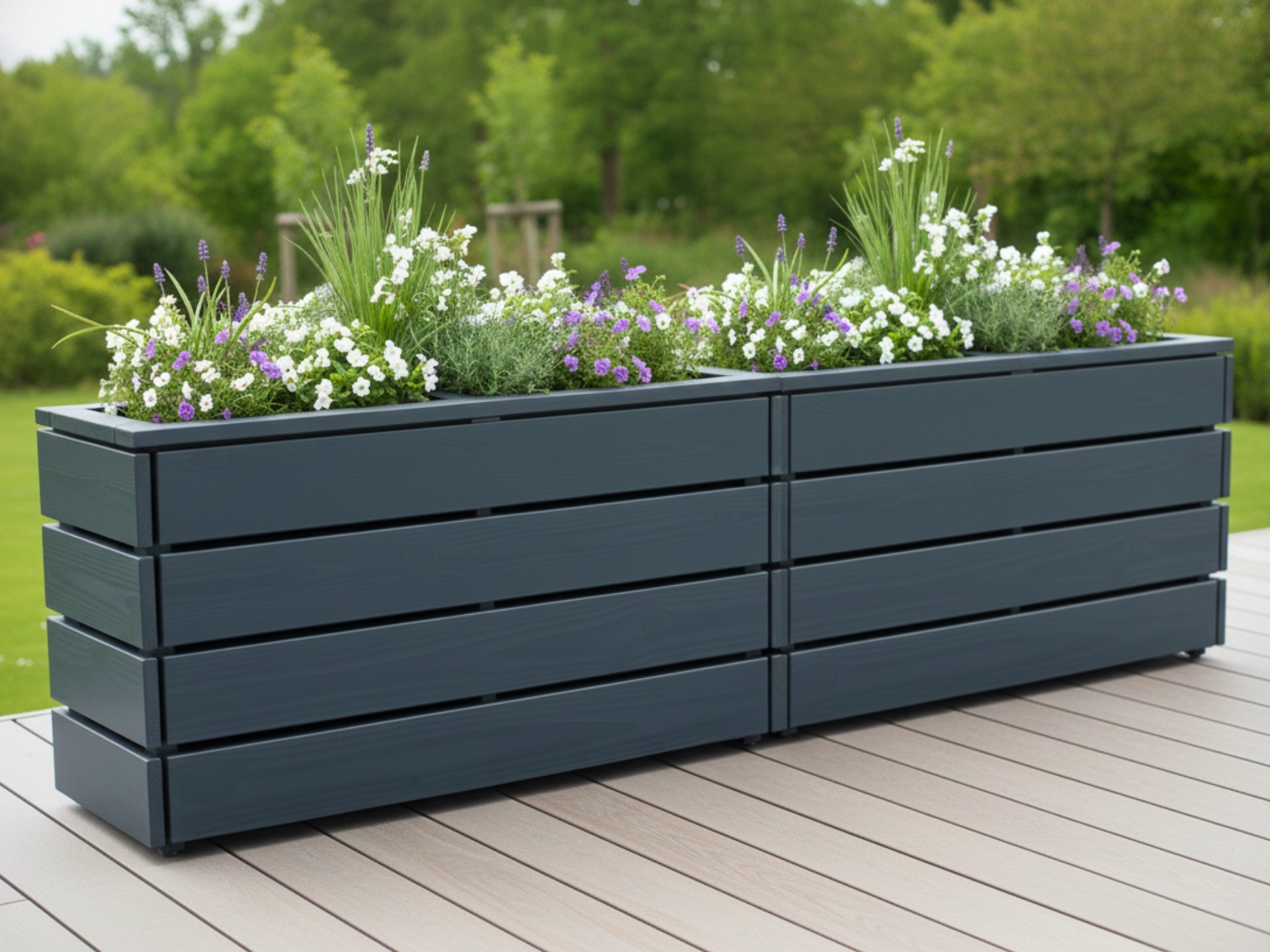 Zwei Pflanzkästen Classic 2S in Anthrazit, in Reihe aufgestellt als moderne Terrassenabgrenzung mit Begrünung.