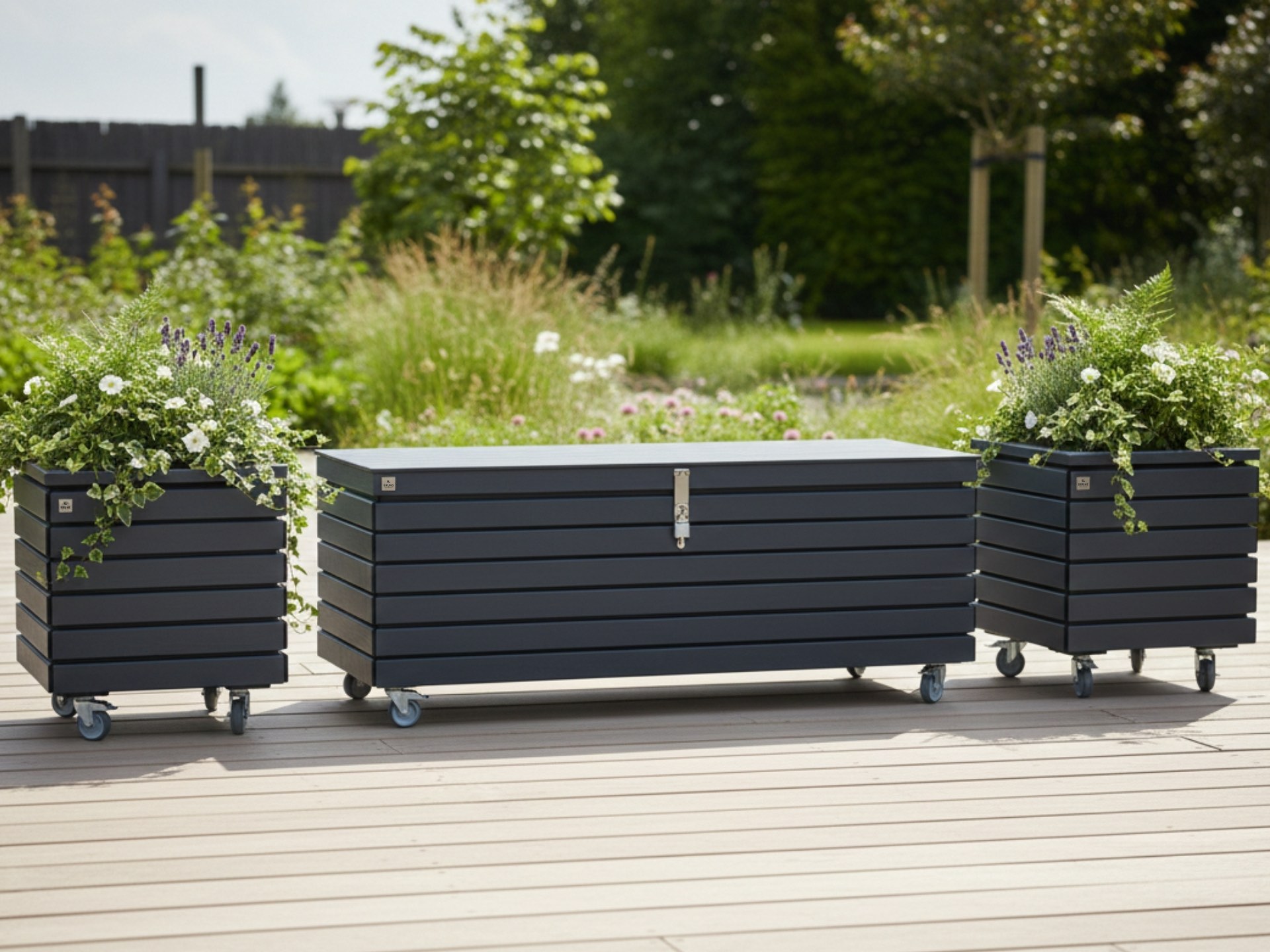Ensemble in Anthrazit mit Gartenbox in der Mitte und zwei Pflanzkübeln links und rechts für moderne Terrassen- oder Gartengestaltung.