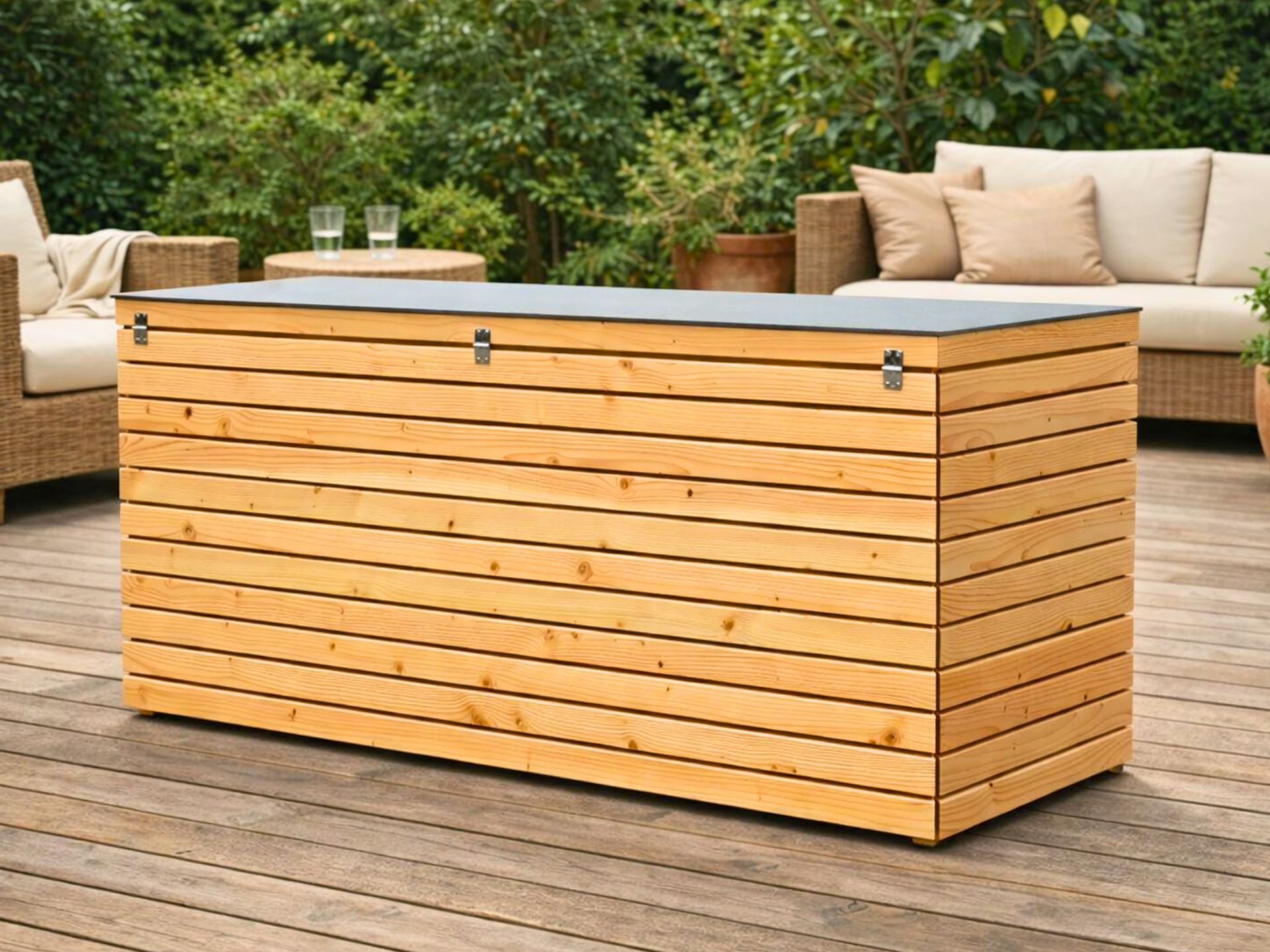 Rückansicht der Gartenbox Rhombus 200 – Fokus auf die saubere Verarbeitung und langlebige Edelstahlscharniere