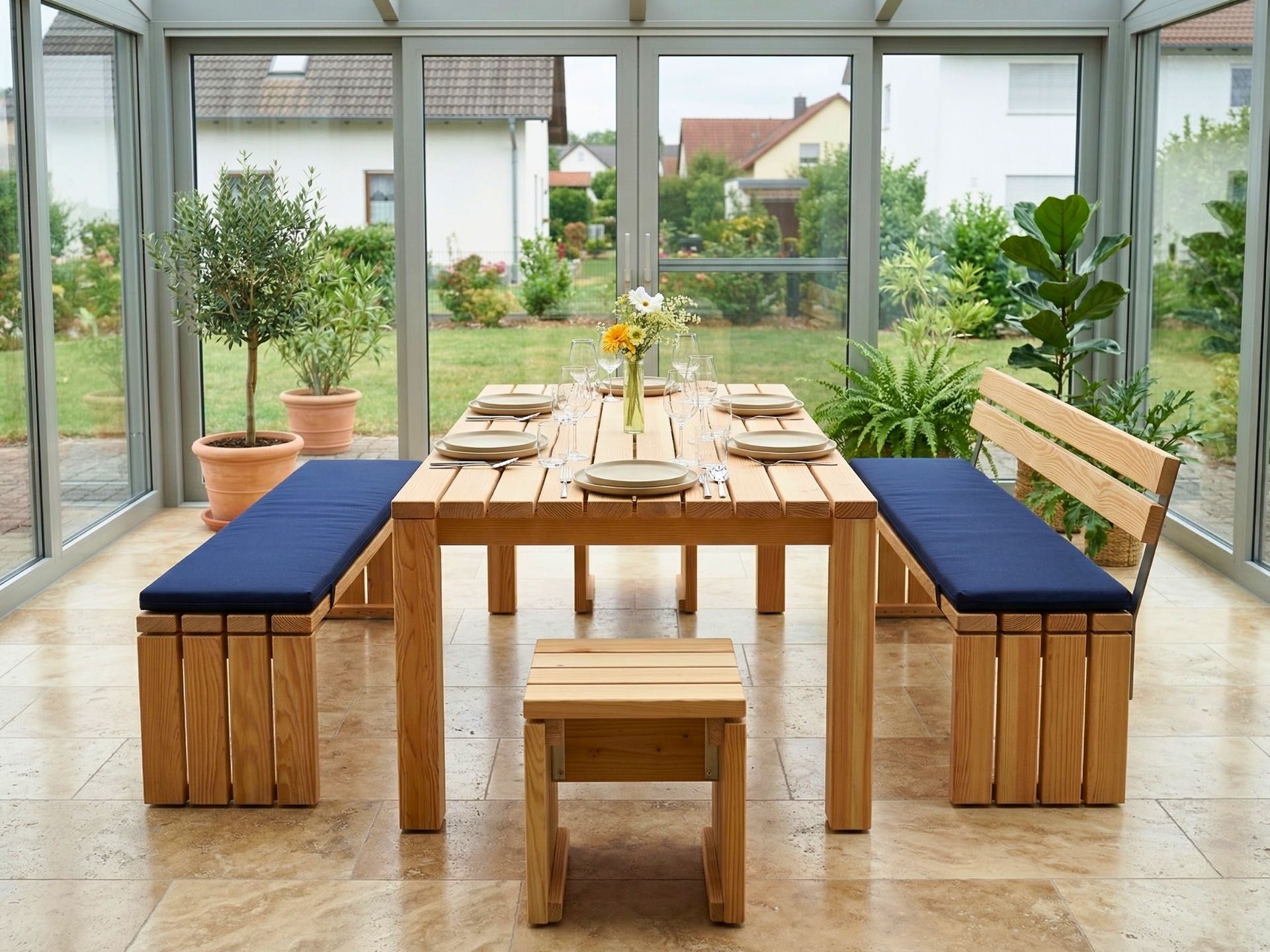 Gartenmöbel Set aus Douglasie mit Tisch, Bänken und Hockern sowie dunkelblauen Polstern im Wintergarten.