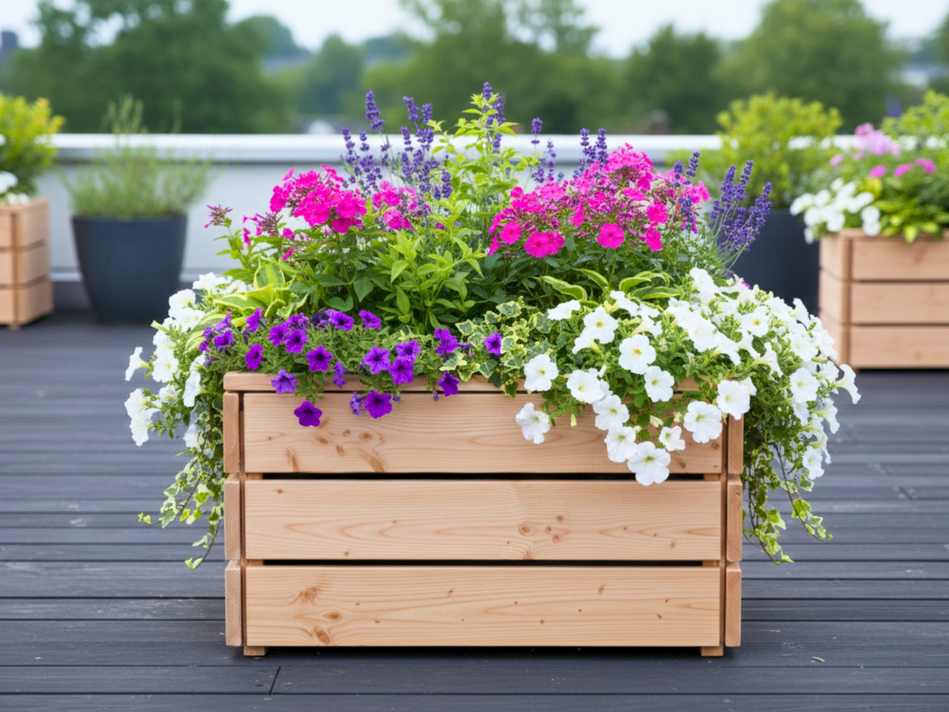 Pflanzkasten Classic M aus Douglasie 92×43×51 cm mit herausnehmbarem Kunststoff-Pflanzeinsatz für einfache Pflege.