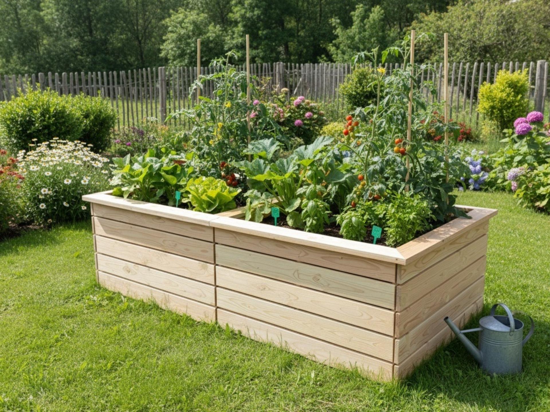 Hochbeet aus Douglasie – zweiteiliges Gemüse- & Kräuterbeet aus Holz Großes Hochbeet aus Douglasie mit zwei Kammern, bepflanzt mit Gemüse und Kräutern, wetterfestes Holz für Garten & Terrasse.