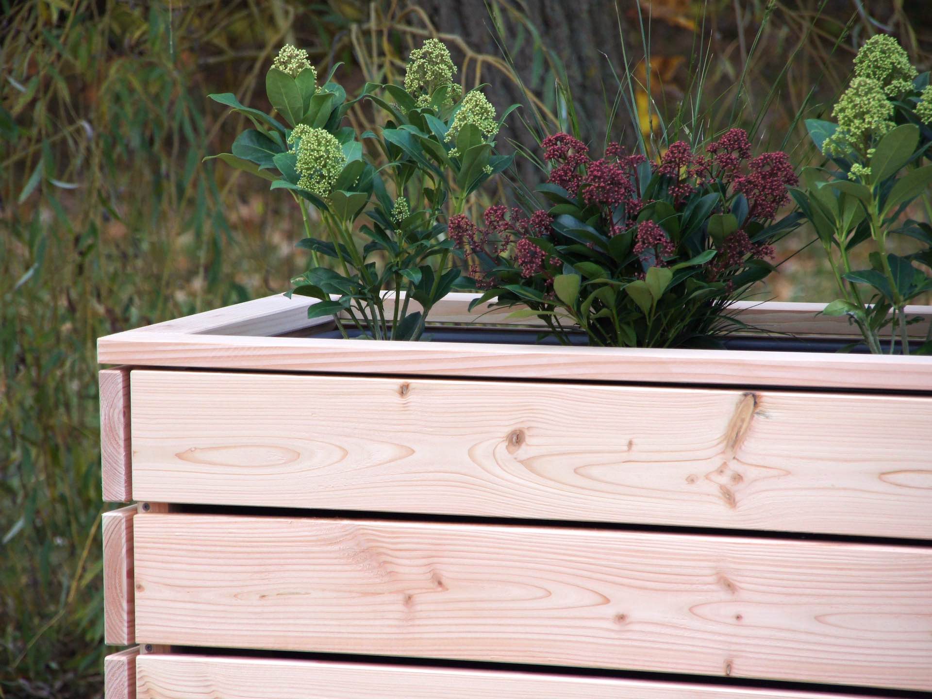 Pflanzkasten Classic Douglasie Natur – Schattenfugen & Verschraubung im Detail, bepflanzt