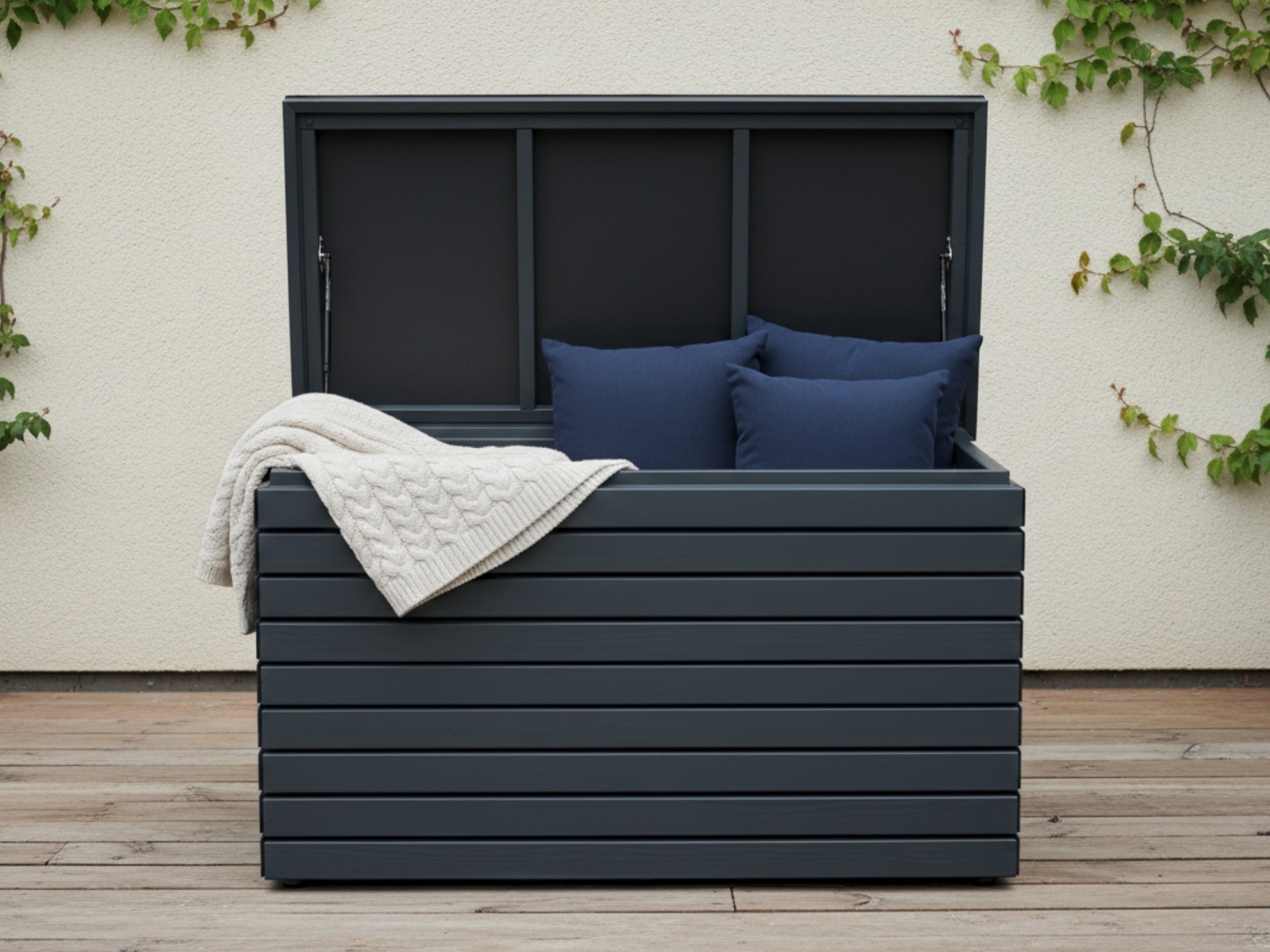 Wetterfeste Gartenbox Rhombus 120 in Anthrazit als Auflagenbox und Kissenbox mit Gasdruckfedern.