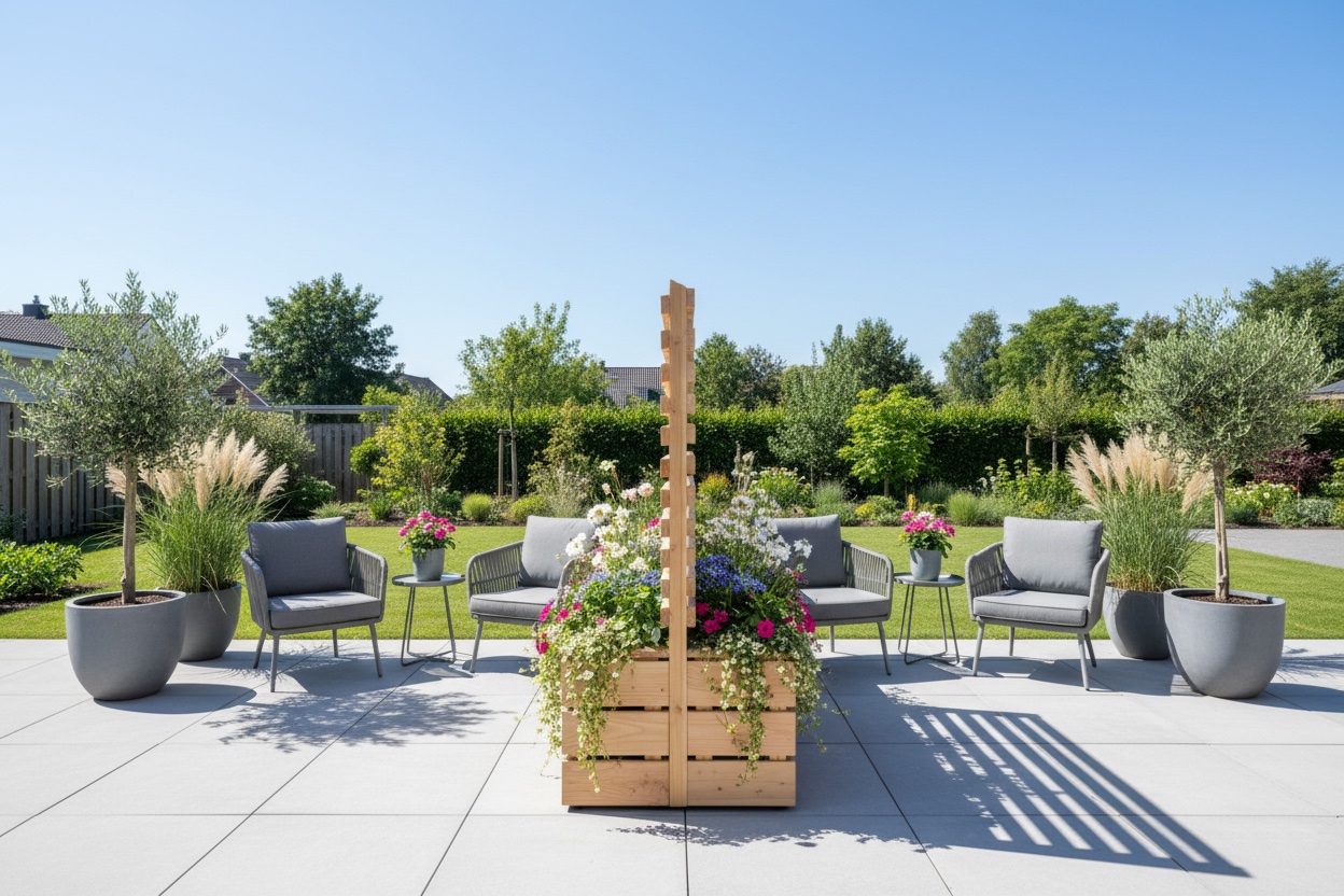 Seitenansicht der bepflanzten Pflanzkästen mit Sichtschutz in Rhombus – trennt zwei Gartenterrassen mit dichter Begrünung