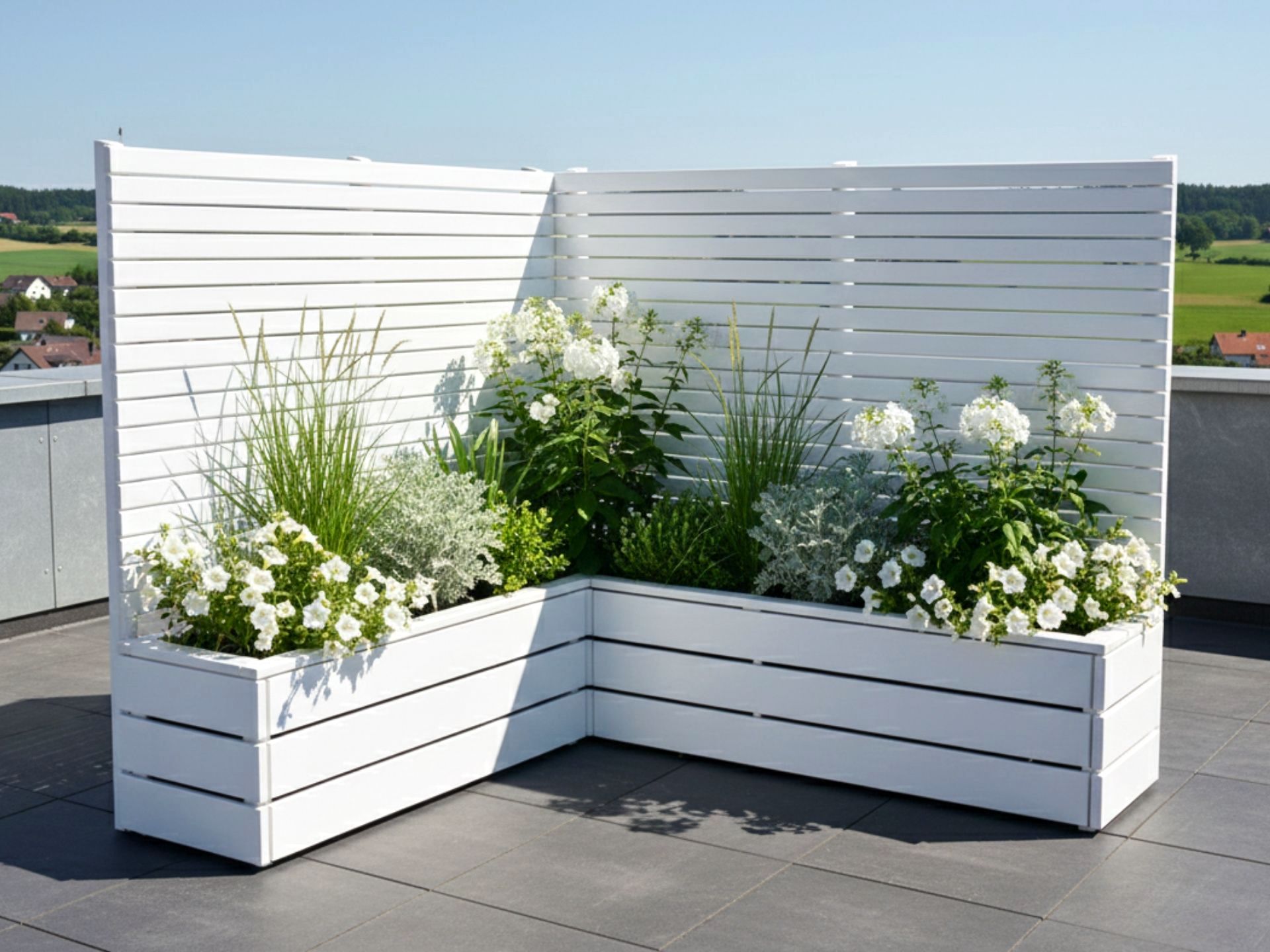Pflanzkasten-Ecke L mit Sichtschutz in Weiß, ideal als platzsparender Sichtschutz für Balkon oder Dachterrasse.