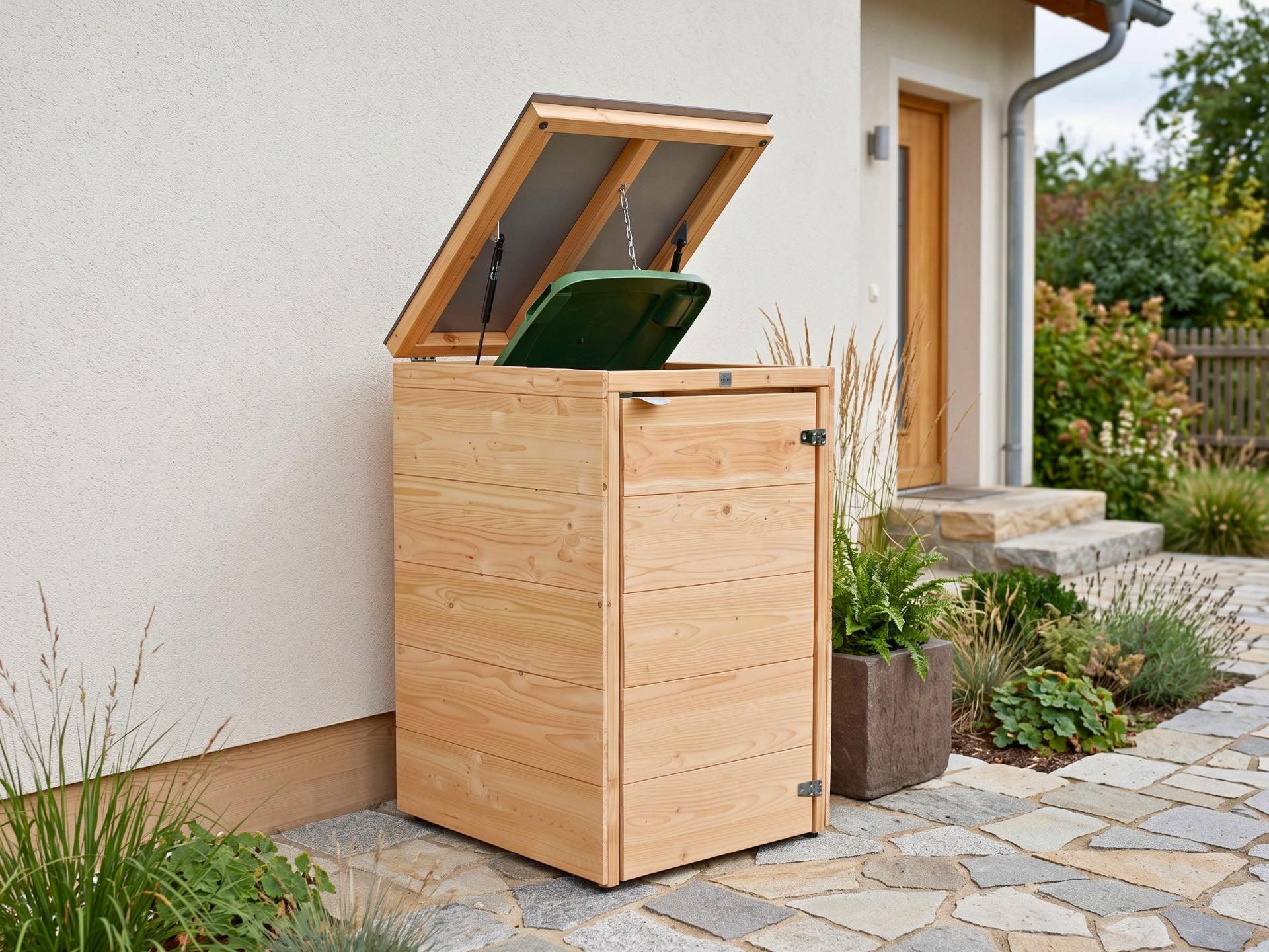 1er Mülltonnenbox Cubus 120 L in Natur mit geöffnetem Deckel für komfortables Befüllen von oben