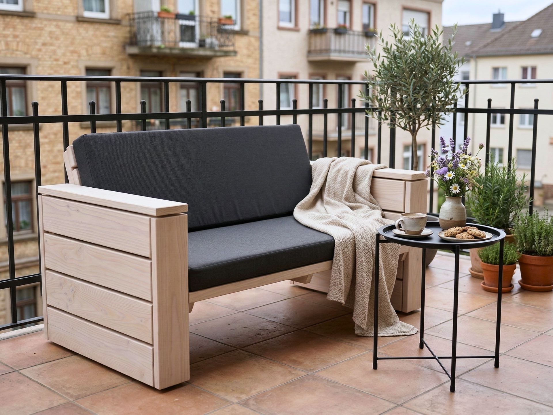 Lounge Sofa 2-Sitzer aus weiß geöltem Holz auf gemütlichem Balkon.