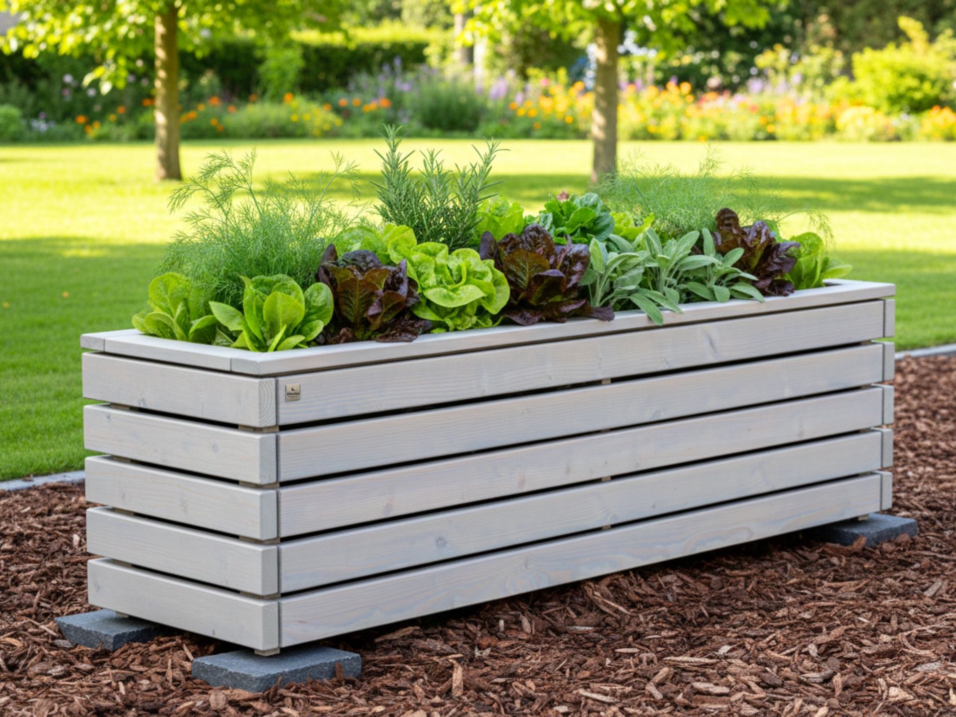 Hochbeet Classic Plus 200×50×57 cm aus dicken Douglasien-Bohlen, Oberfläche Grau geölt, robust und wetterfest.