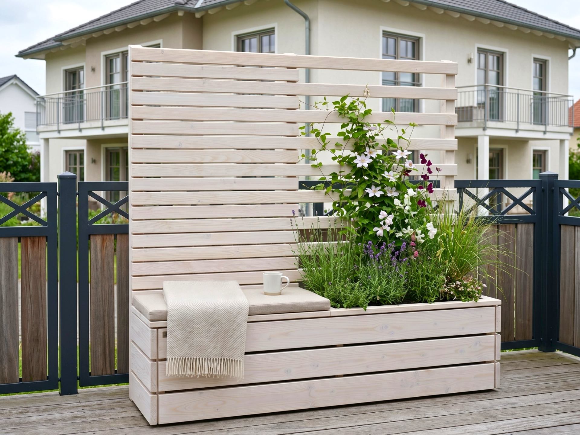 Sichtschutz mit Pflanzkasten, Rankgitter und Sitzbank in Weiß Geölt für Balkon oder Terrasse.