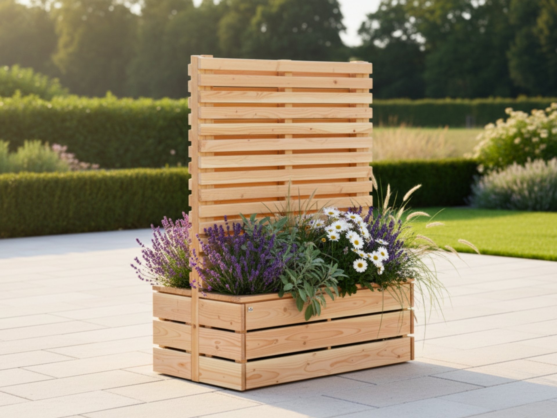 Sichtschutz mit Pflanzkästen auf beiden Seiten, ideal für Nachbarn, die sich einen Sichtschutz mit individueller Bepflanzung teilen möchten.