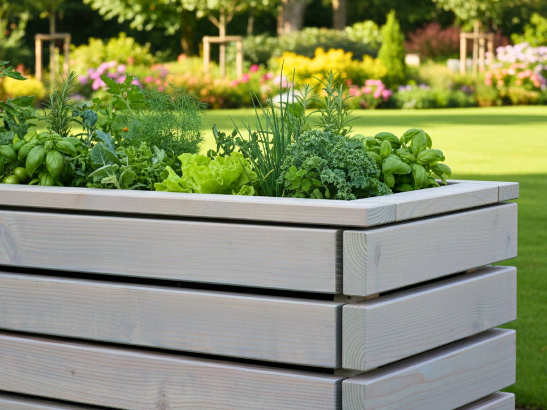 Detailaufnahme des Hochbeets ClassicPlus in Grau Geölt – Fokus auf den umlaufenden Rahmen für eine harmonische und formstabile Optik