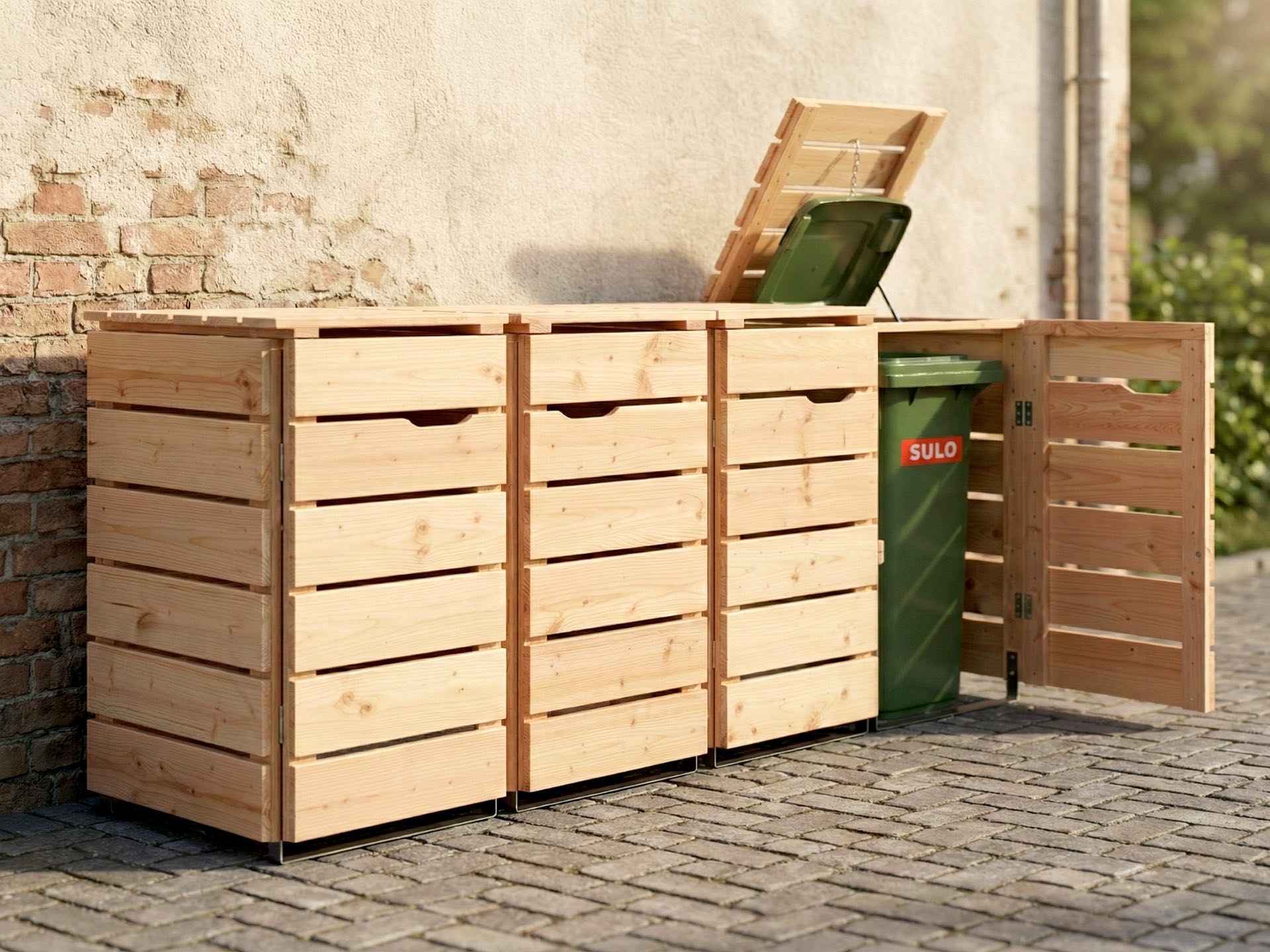 4er Mülltonnenbox 120 L in Natur aus zwei flexiblen 2er Modulen, gemeinsam oder getrennt aufstellbar.