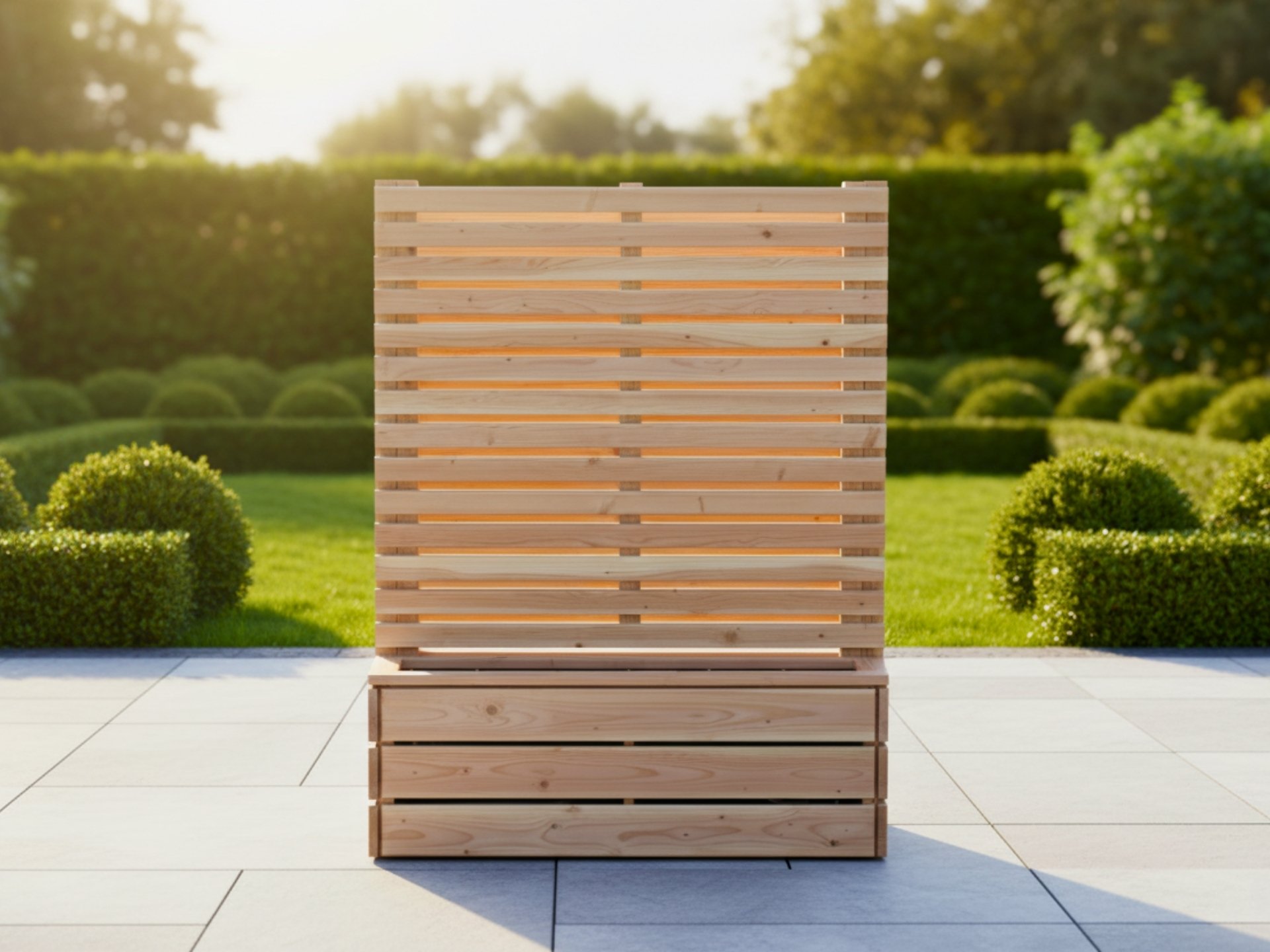 Frontalansicht der Sichtschutzanlage – die Rückseite ist vollständig verkleidet im Stil des Sichtschutz-Modells A30B