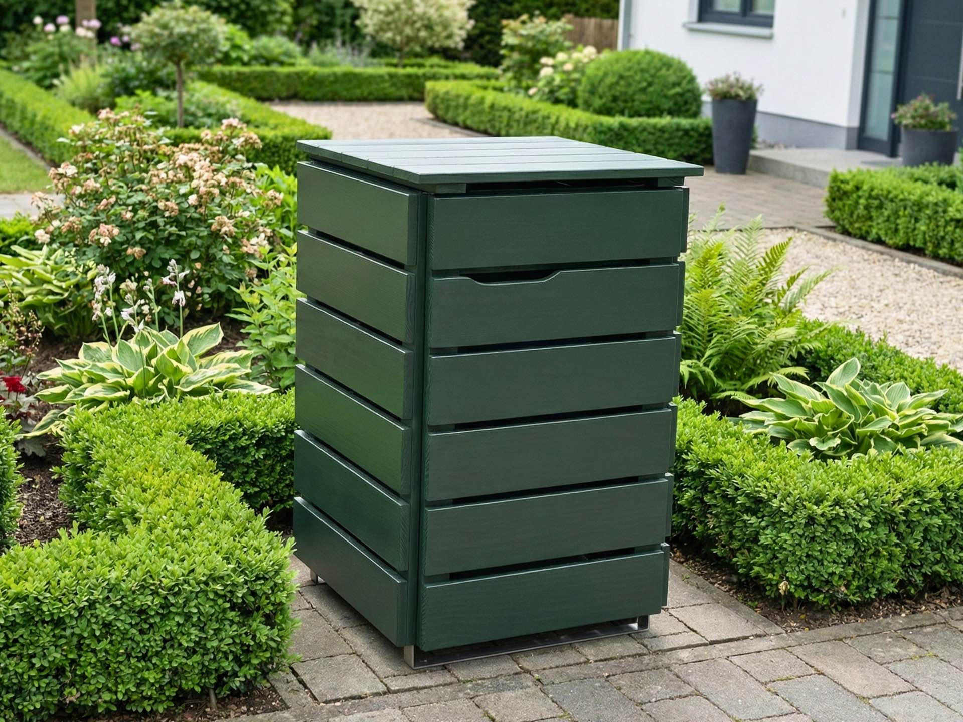 1er Mülltonnenbox 120 L in Moosgrün für natürliche Farbkonzepte und eine ruhige Gestaltung im Vorgarten.