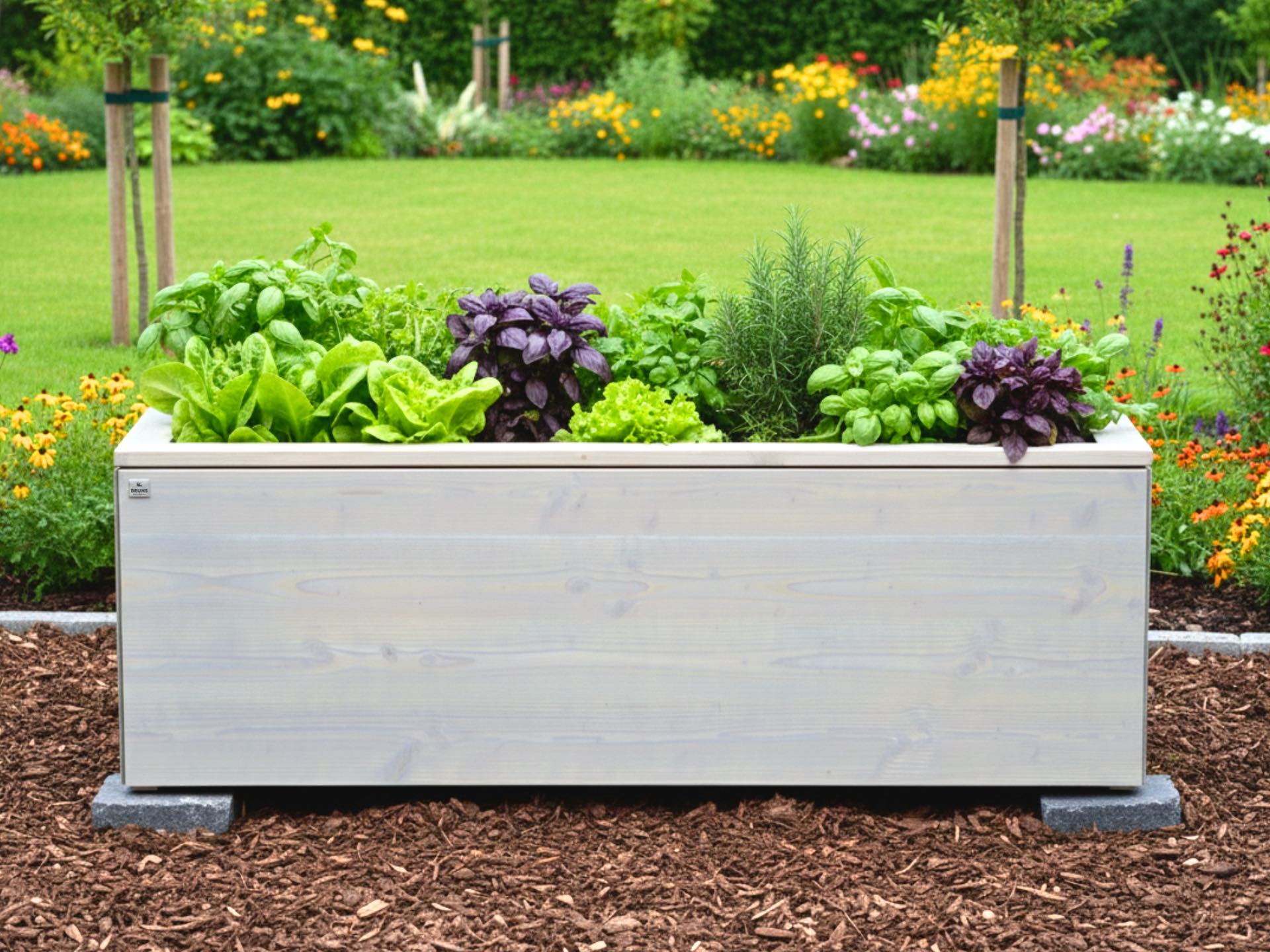 Hochbeet Kubus 170×50×58 cm in Grau geölt, ideal für einen Mix aus Gemüse und Kräutern, gefertigt aus glatter Douglasie.