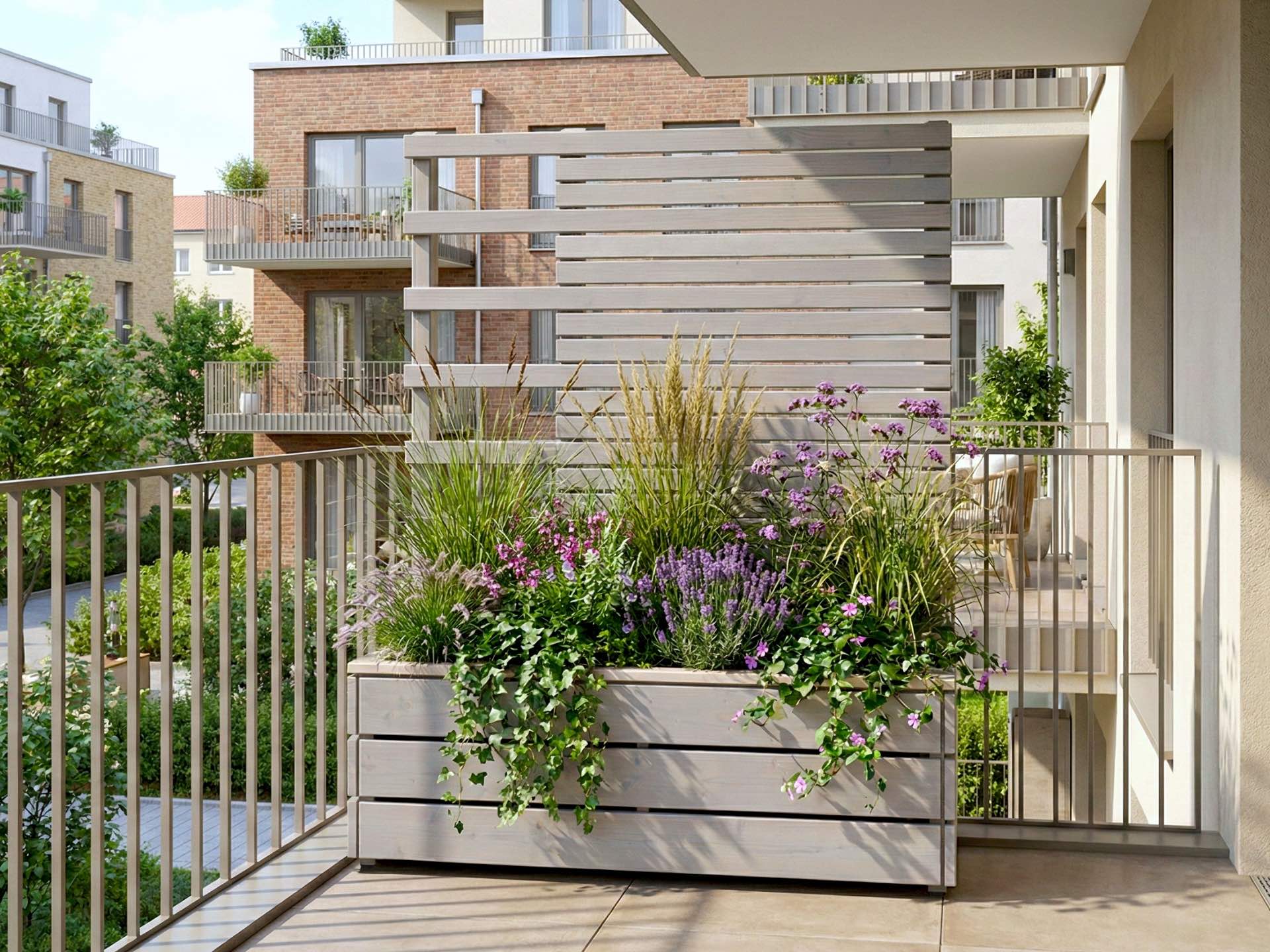 Maßgefertigter Pflanzkasten in Grau geölt mit senkrecht geteiltem Sichtschutz für moderne Balkon- und Terrassenlösungen.