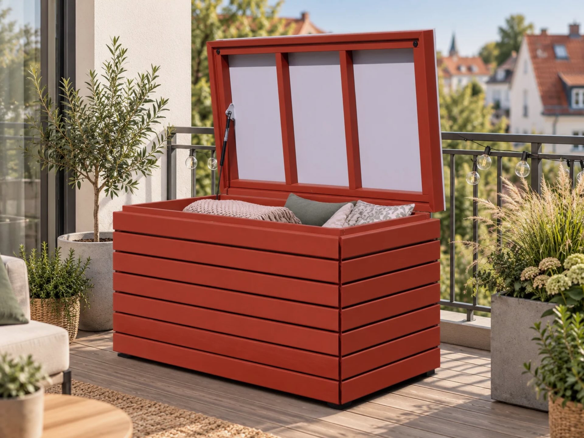 Rote Kissenbox auf einem Balkon als wetterfeste Aufbewahrung für Sitzkissen, Auflagen und Decken.