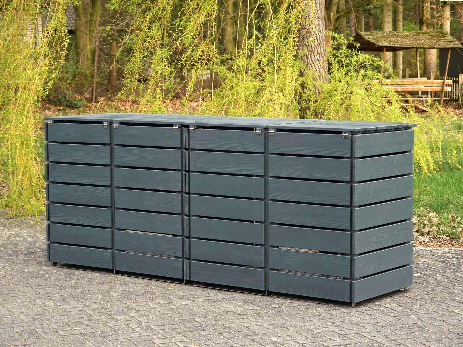 4er Mülltonnenbox in Grau, Rückseite, vollständig geschlossen