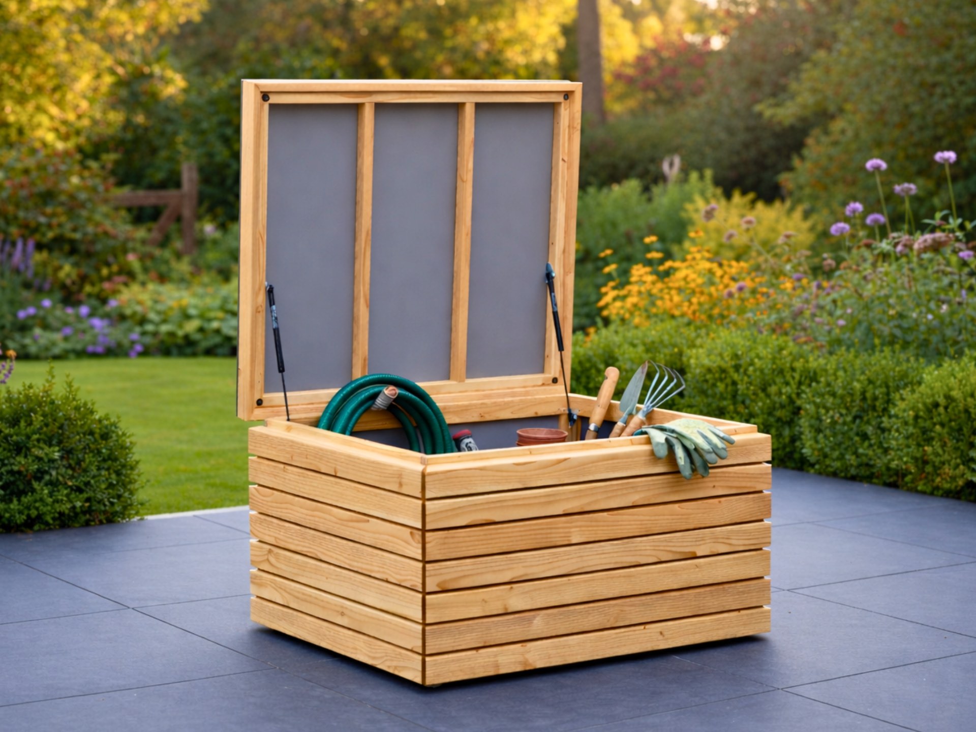 Wetterfeste Gartenbox Rhombus 100 in Natur Geölt 100×80×59 cm mit viel Stauraum für Terrasse oder Garten.