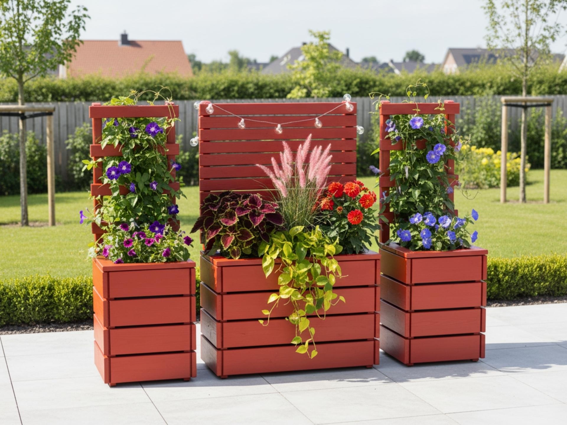 Zwei bepflanzte Pflanzkübel mit Rankgittern und ein Pflanzkasten mit Sichtschutz in Skandinavisch Rot, mit Lichterkette dekoriert.“