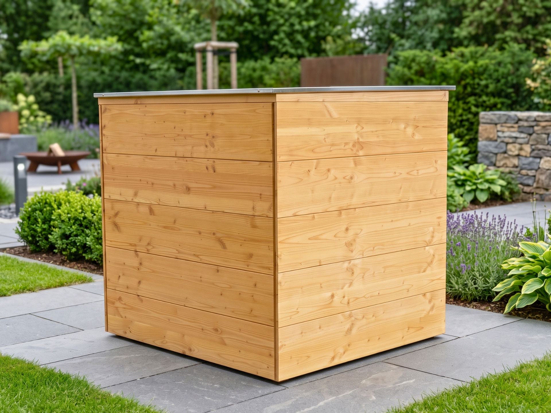 2er Kinderwagenbox Cubus in Natur Geölt mit Edelstahl-Dachverkleidung – Gesamtansicht von hinten