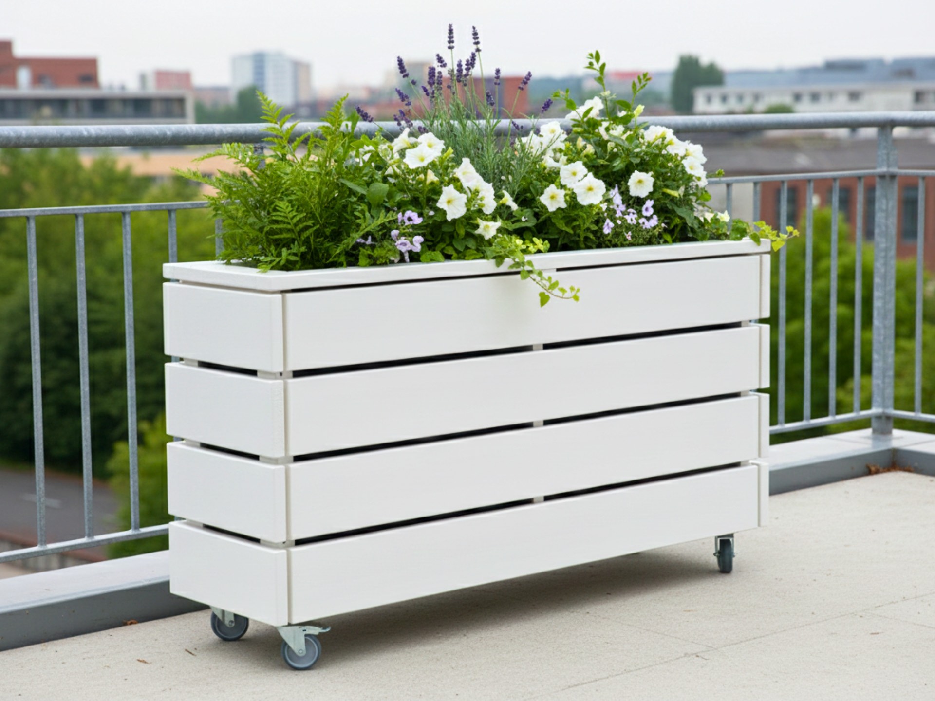 Pflanzkasten Classic 2S in Weiß mit Lenkrollen und zwei herausnehmbaren Pflanzeinsätzen, flexibel für Balkon und Terrasse.